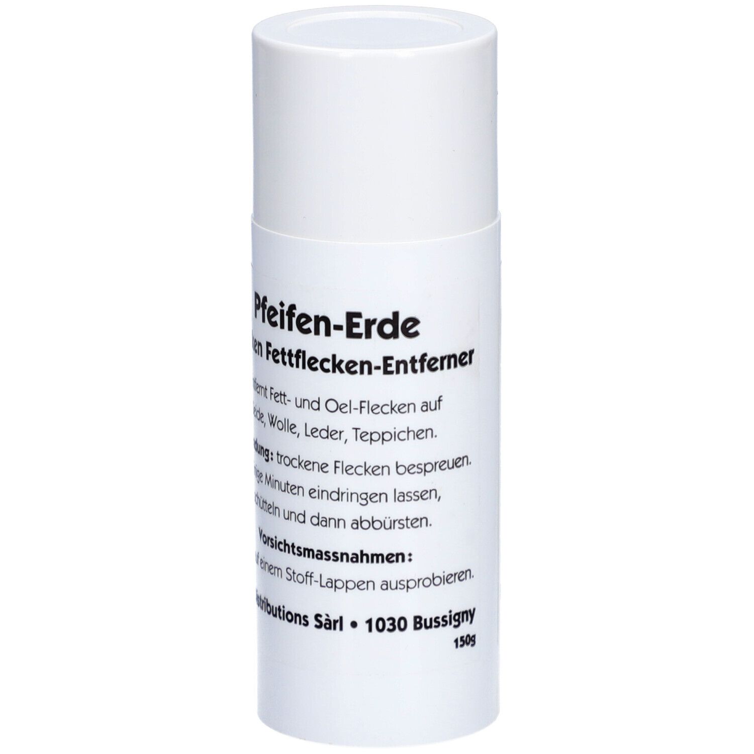 Boîte cylindrique blanche avec texte 'Pfeifen-Erde'. Produit pour enlever les taches de graisse.