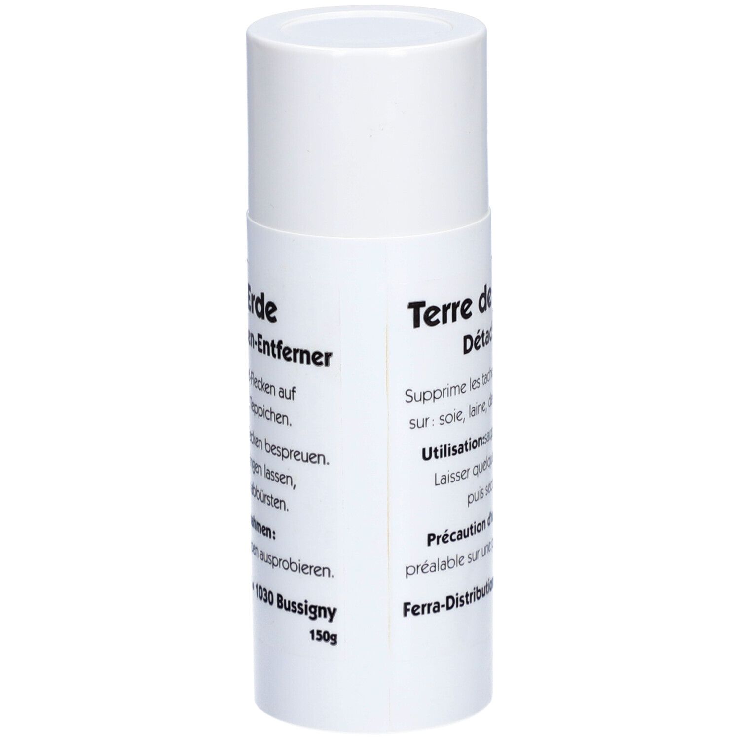 Boîte cylindrique blanche avec texte 'Pfeifen-Erde' et 'Terre de sommières'.