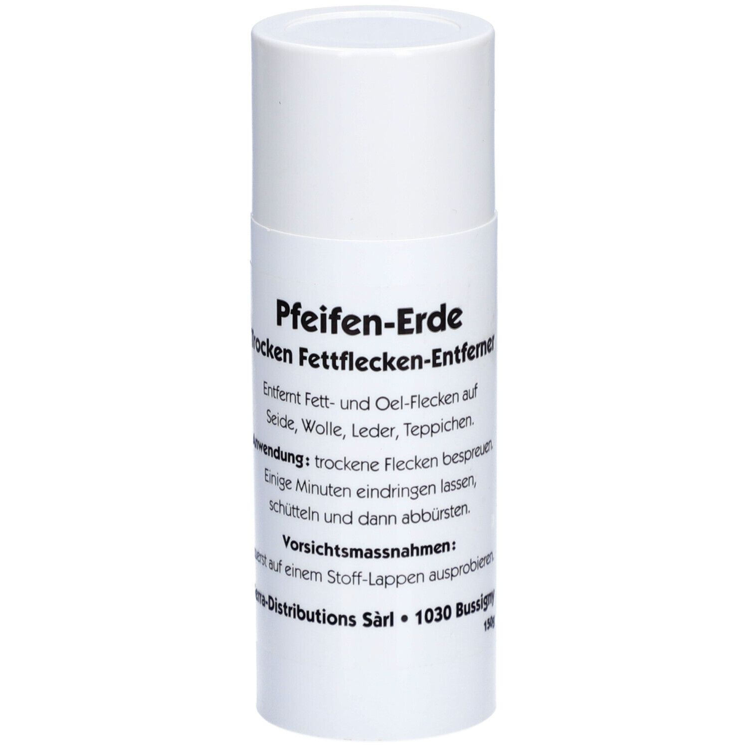 Boîte cylindrique blanche avec texte 'Pfeifen-Erde'. Produit pour enlever les taches de graisse.