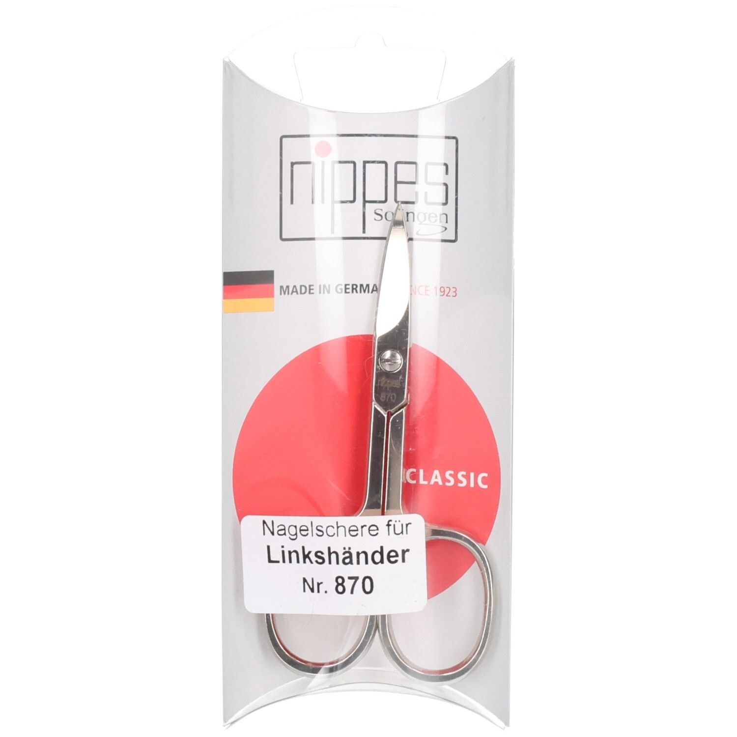 Ciseaux à ongles pour gauchers dans un emballage transparent. Visible : marque Nippes, autocollant avec nom et numéro du produit.