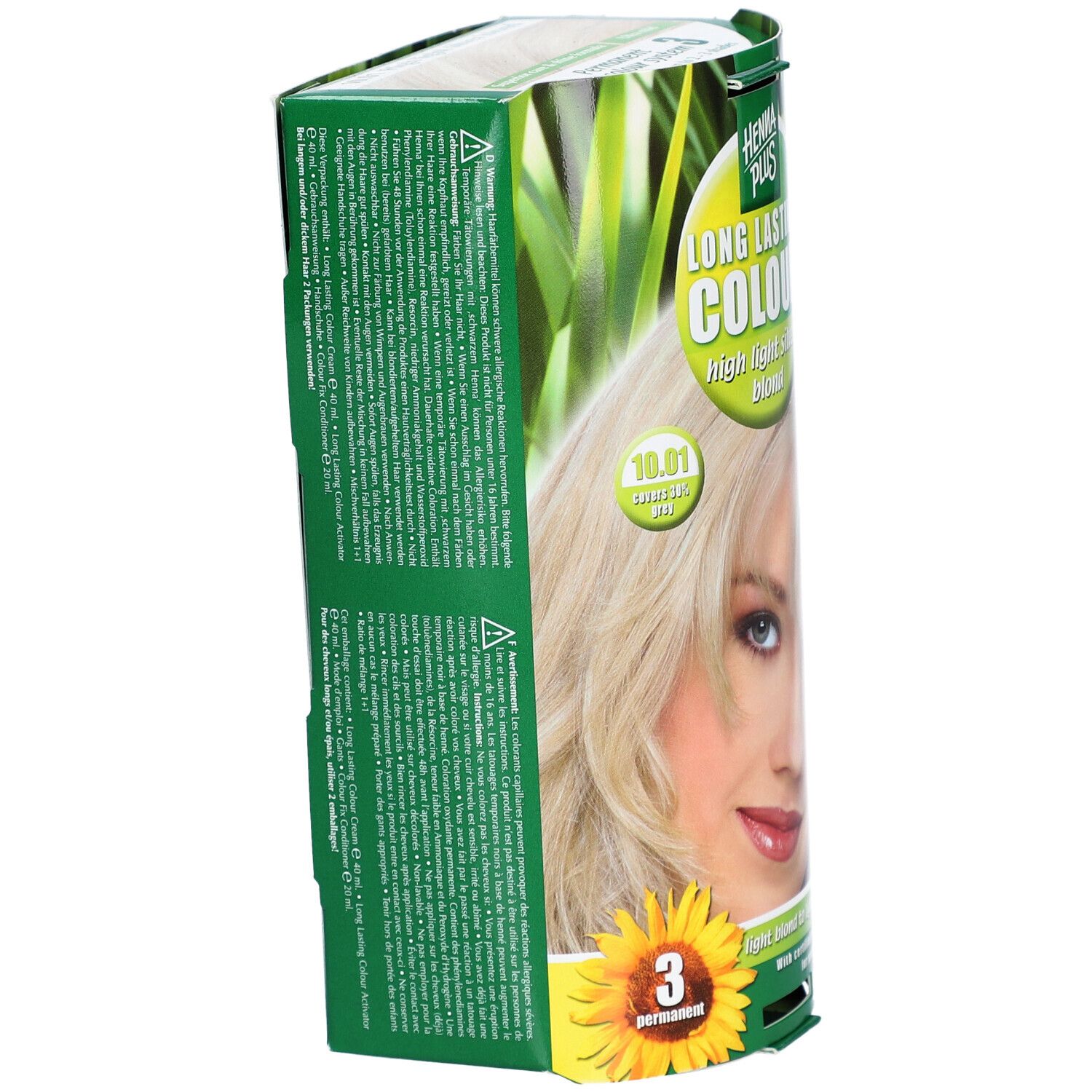 Emballage HENNA PLUS Long Lasting Colour 10.01 Silberblond. Vue latérale avec texte et image d'une femme aux cheveux blonds.