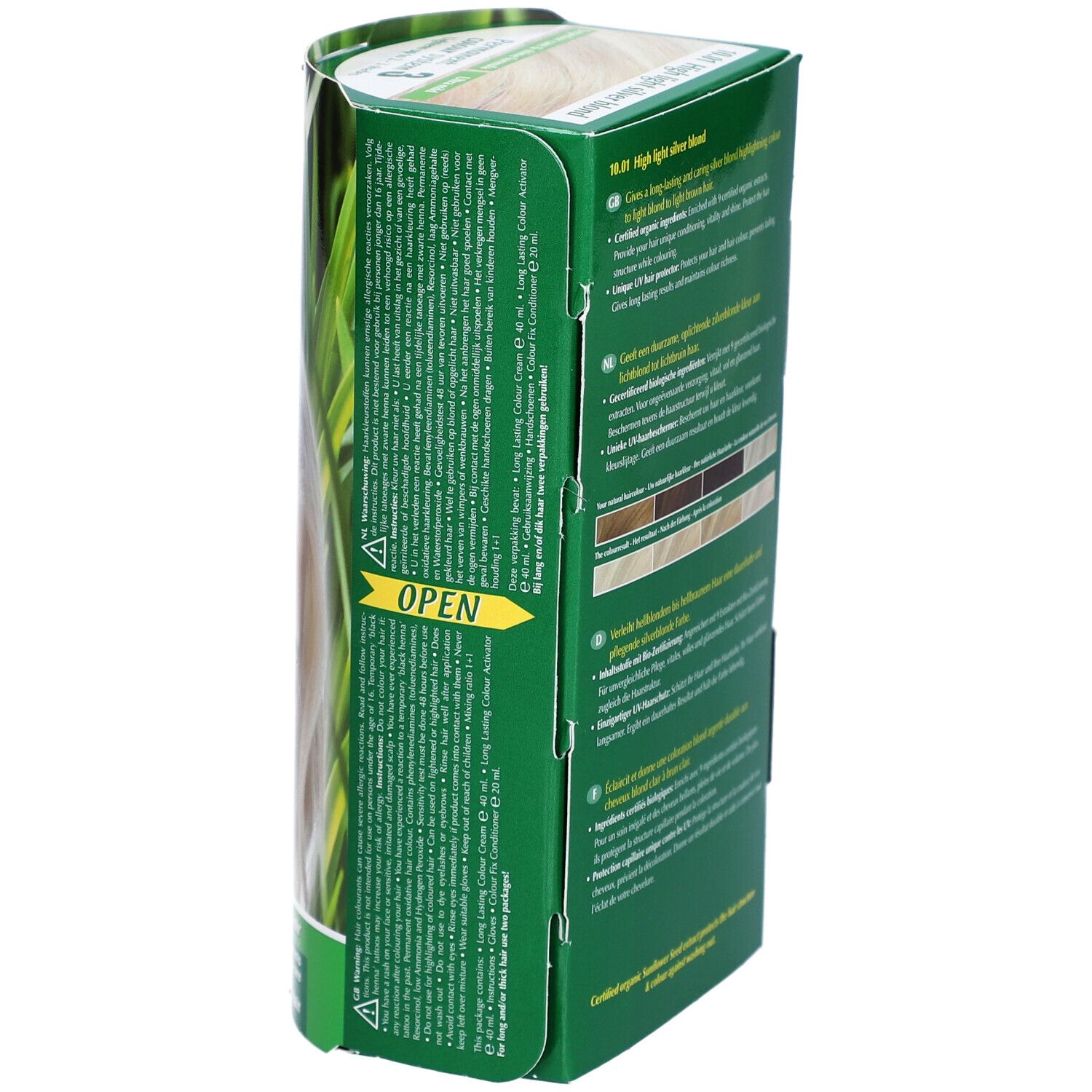 Vue latérale de l'emballage HENNA PLUS Long Lasting Colour 10.01 Silberblond. Texte et indication d'ouverture.