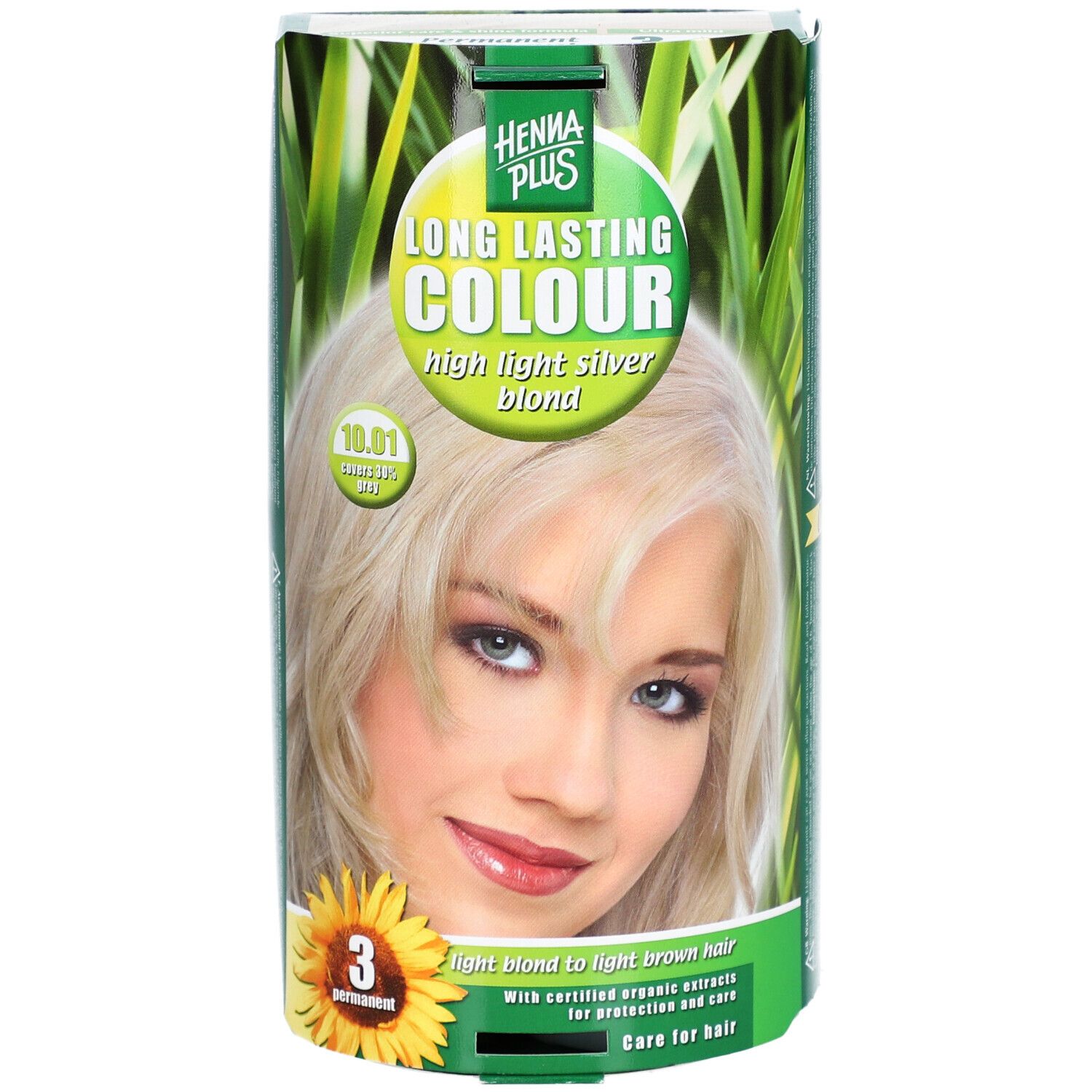 Emballage HENNA PLUS Long Lasting Colour 10.01 Silberblond. Femme aux cheveux blonds argentés. Texte : Long Lasting Colour.