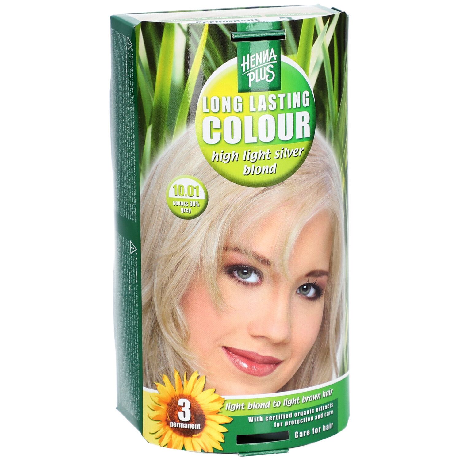 Emballage HENNA PLUS Long Lasting Colour 10.01 Silberblond. Femme aux cheveux blonds argentés. Texte : Long Lasting Colour.