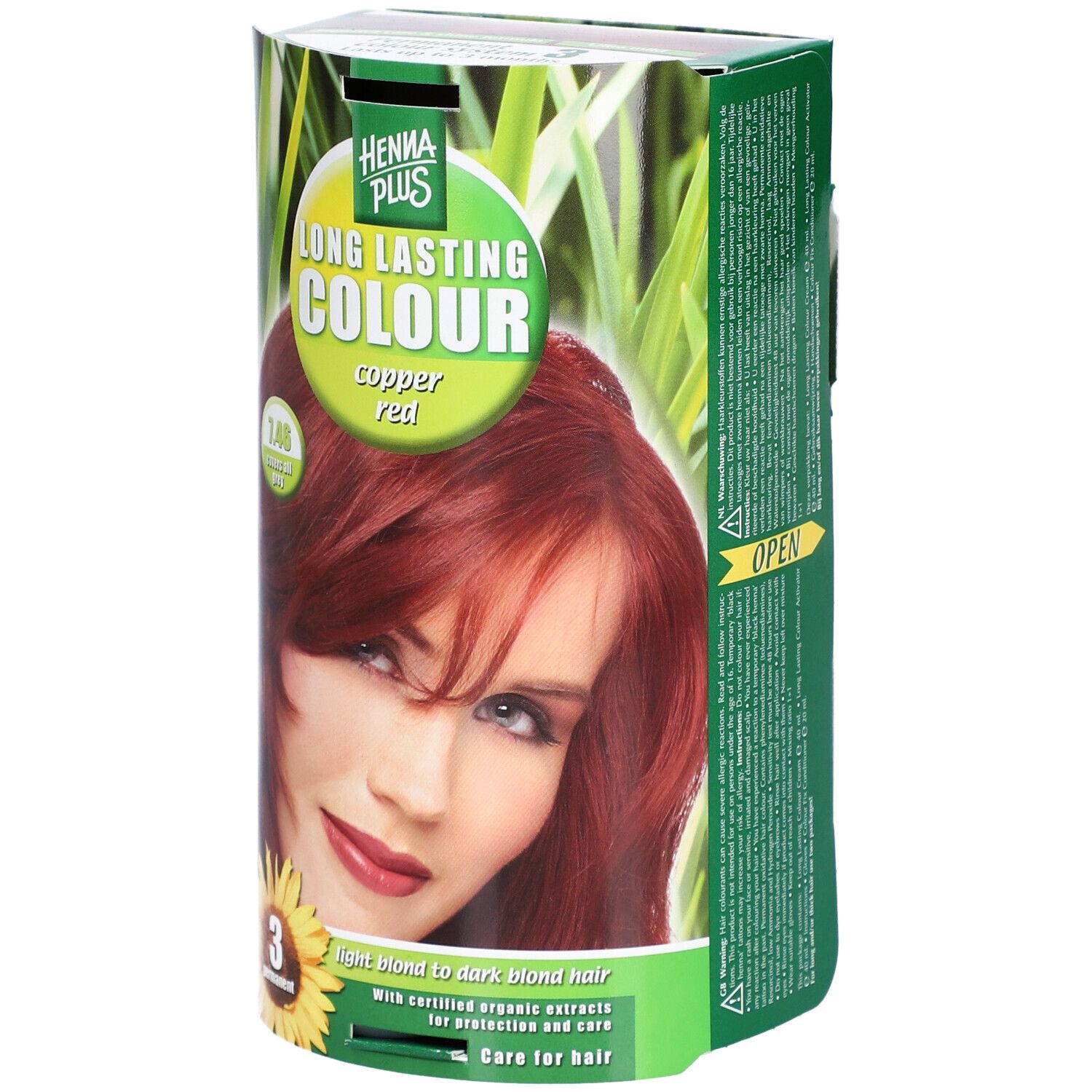Emballage avec image du produit et texte HENNA PLUS LONG LASTING COLOUR copper red. Impression: 3 Permanent.
