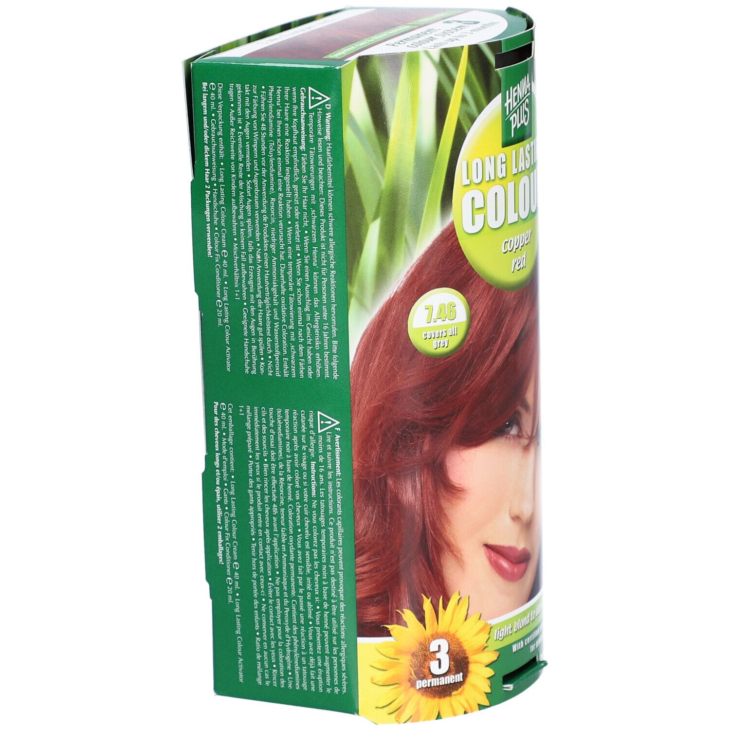 Vue latérale de l'emballage. Texte HENNA PLUS LONG LASTING COLOUR copper red. Impression: 7.46 Rouge cuivré.