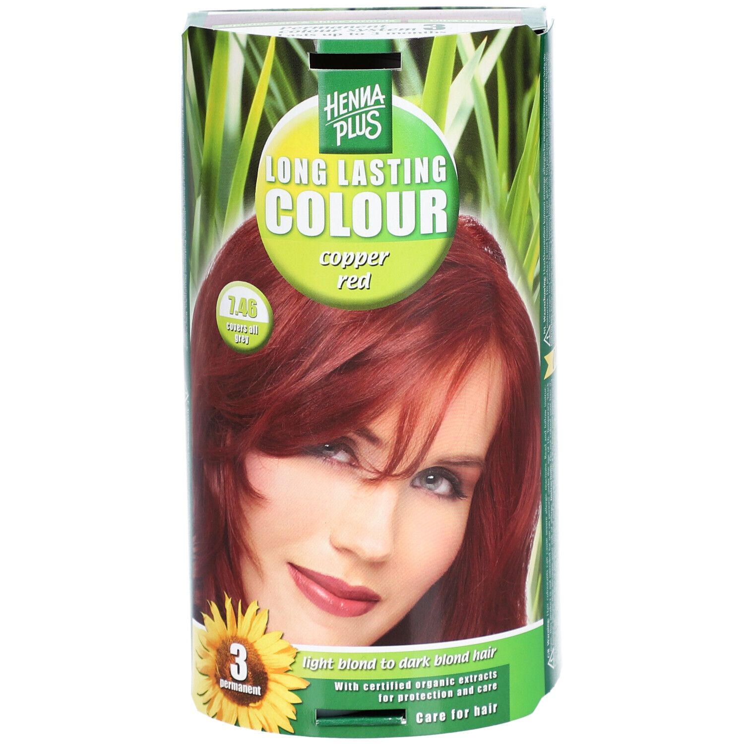 Emballage avec image du produit et texte HENNA PLUS LONG LASTING COLOUR copper red. Impression: 3 Permanent.