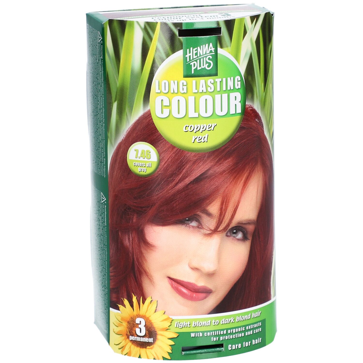 Emballage avec image du produit et texte HENNA PLUS LONG LASTING COLOUR copper red. Impression: 3 Permanent.