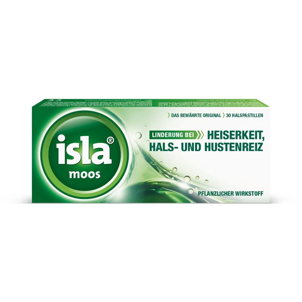 Boîte verte avec logo "isla moos". Texte : Soulagement de l'enrouement, de la toux et de l'irritation de la gorge. 30 pastilles.