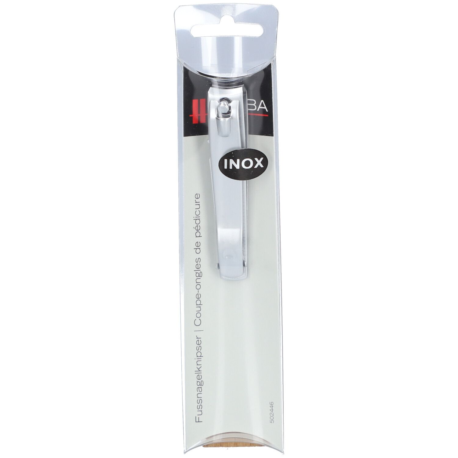 Coupe-ongles de pédicure en emballage. Métal argenté. Inscription: INOX. Marque visible: HERBA.