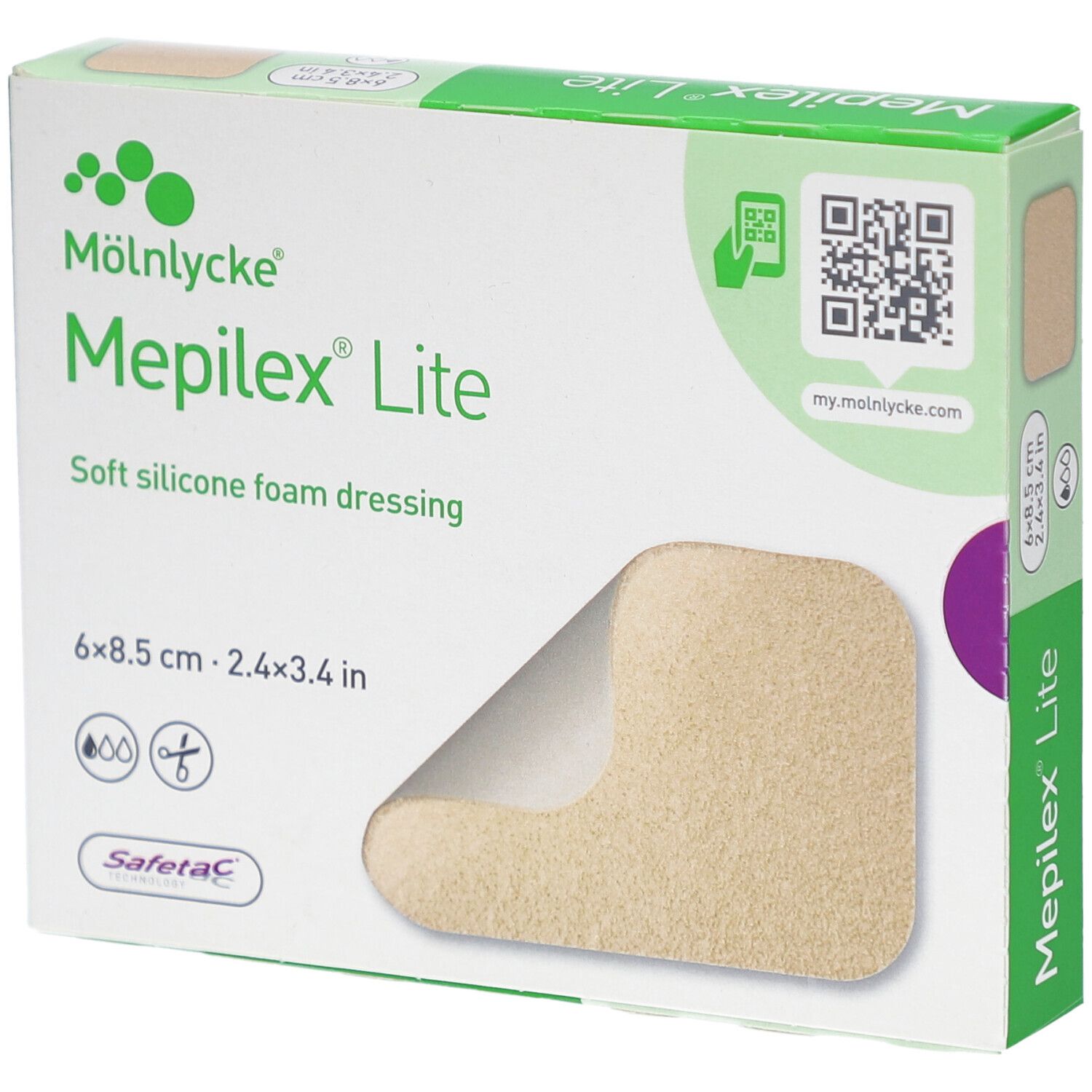 Boîte de Mepilex® Lite, 6 pièces, 8,5 x 6 cm. Pansement en mousse de silicone souple. Marque Mölnlycke®.