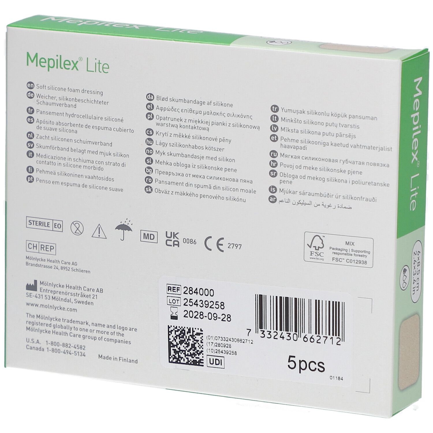 Dos de la boîte Mepilex® Lite. Texte multilingue. Informations fabricant et numéro de lot.