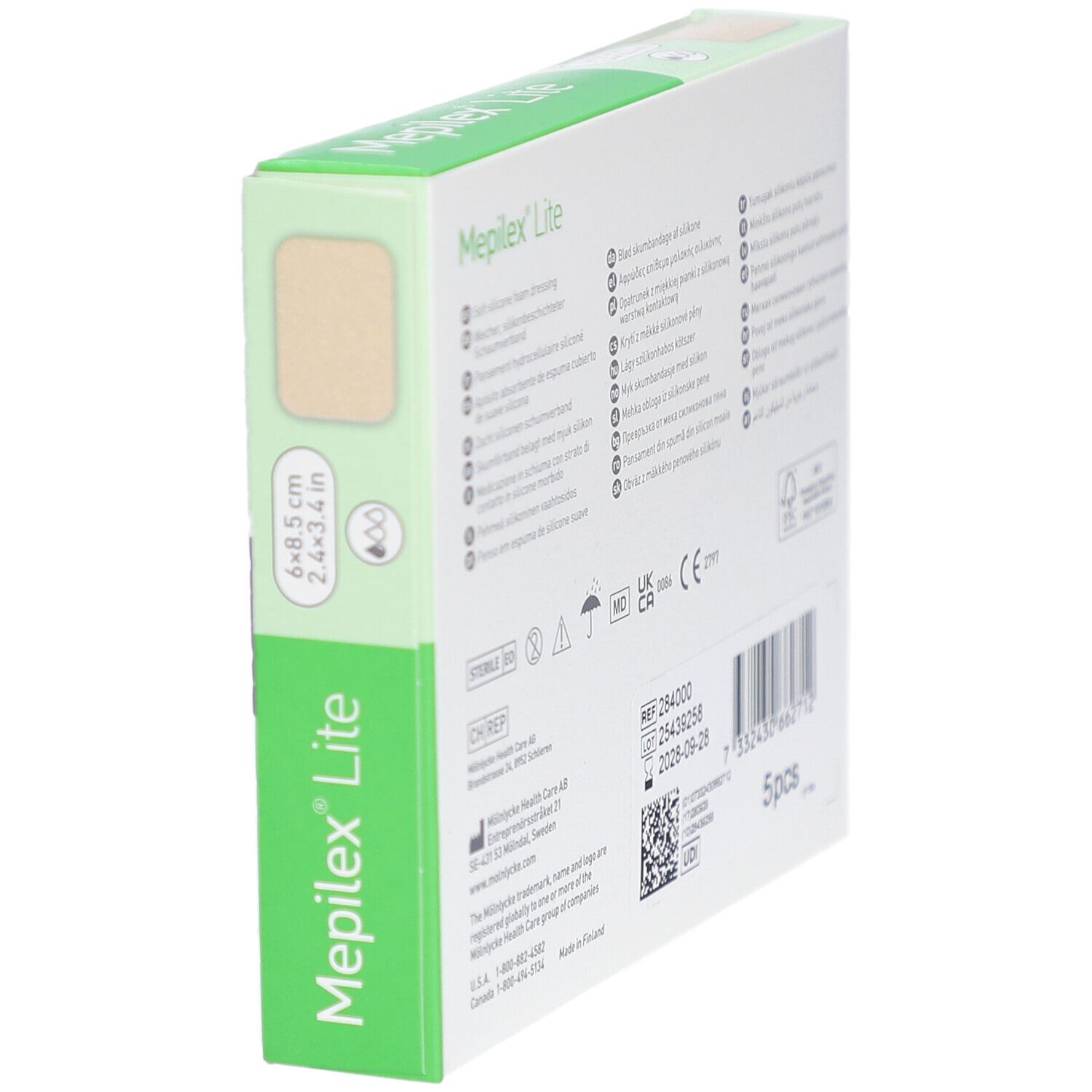 Boîte de Mepilex® Lite, 6 pièces, 8,5 x 6 cm. Pansement en mousse de silicone souple. Marque Mölnlycke®.