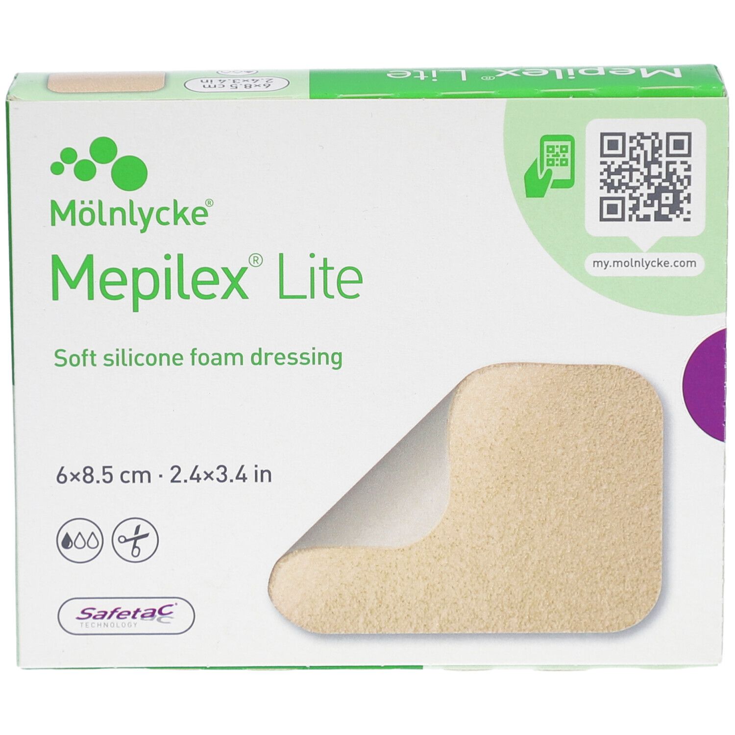 Boîte de Mepilex® Lite, 6 pièces, 8,5 x 6 cm. Pansement en mousse de silicone souple. Marque Mölnlycke®.