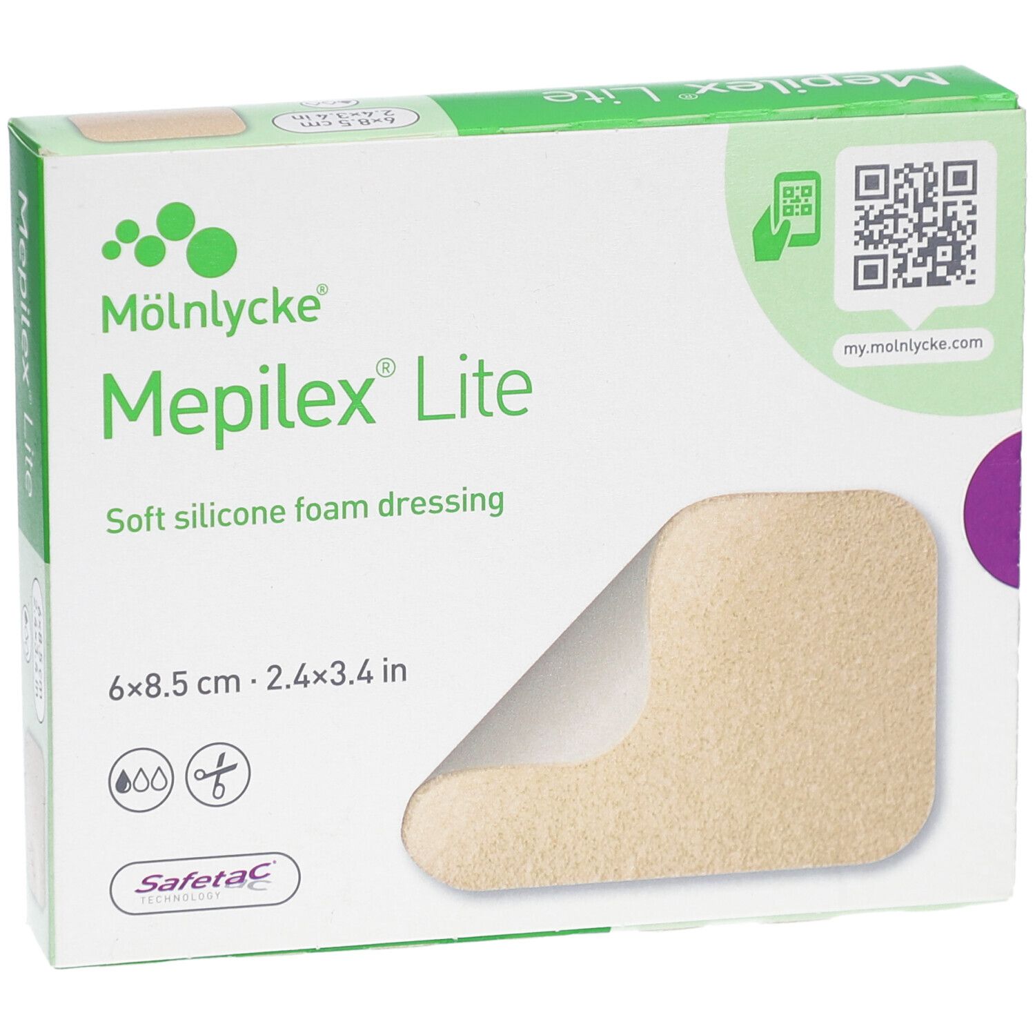 Boîte de Mepilex® Lite, 6 pièces, 8,5 x 6 cm. Pansement en mousse de silicone souple. Marque Mölnlycke®.