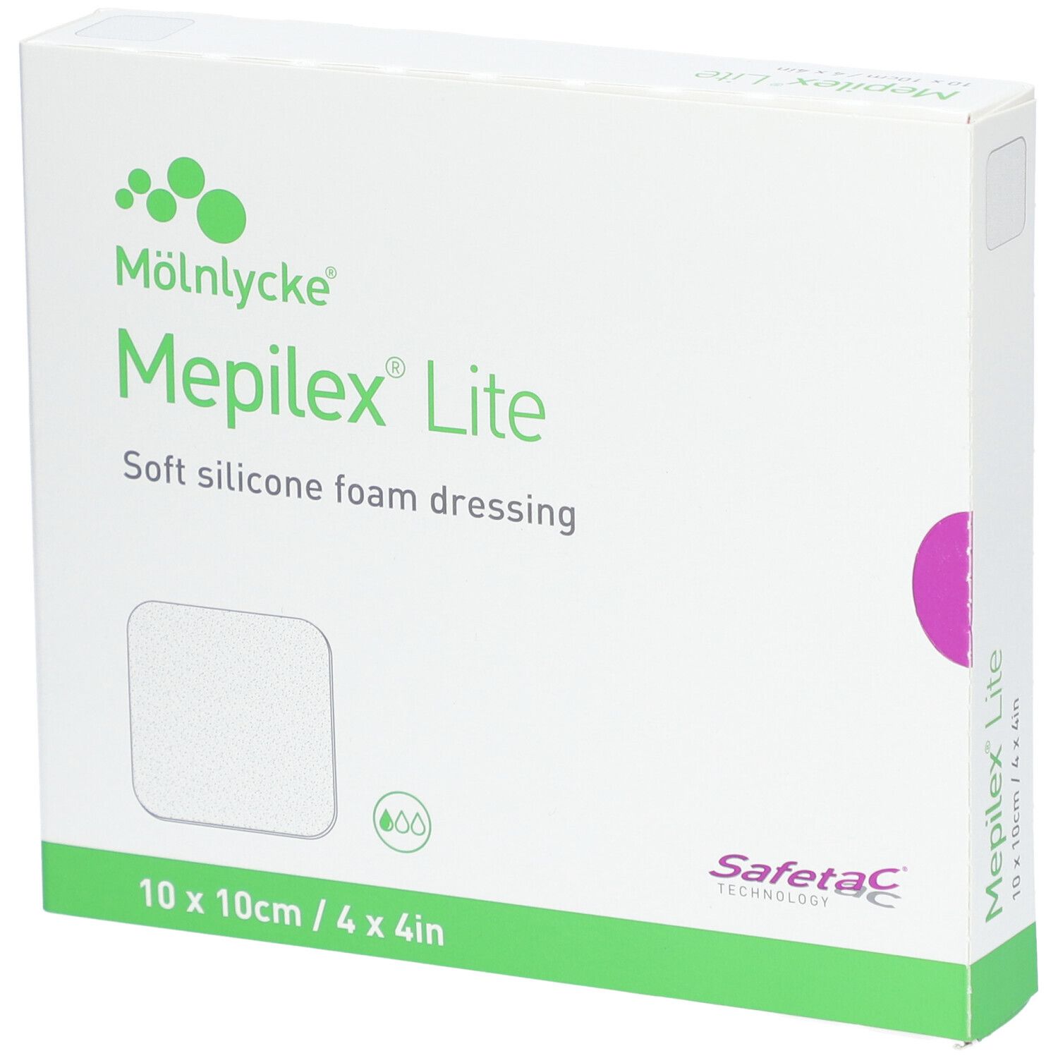 Boîte de Mepilex Lite, 10 x 10 cm. Pansement blanc sur l'emballage. Emballage vert et blanc.