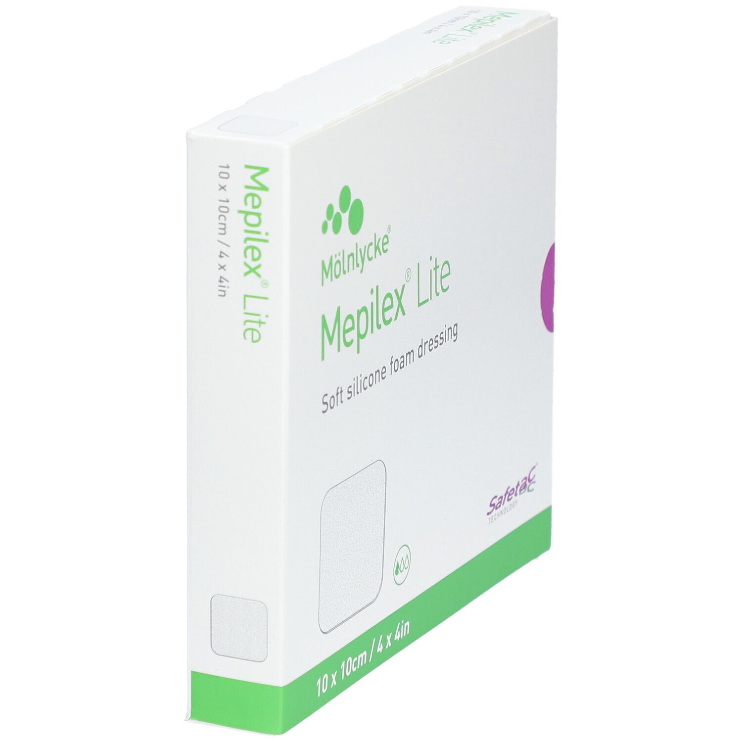 Emballage Mepilex Lite, 10 x 10 cm. Emballage blanc avec logo et texte verts. Vue de côté.