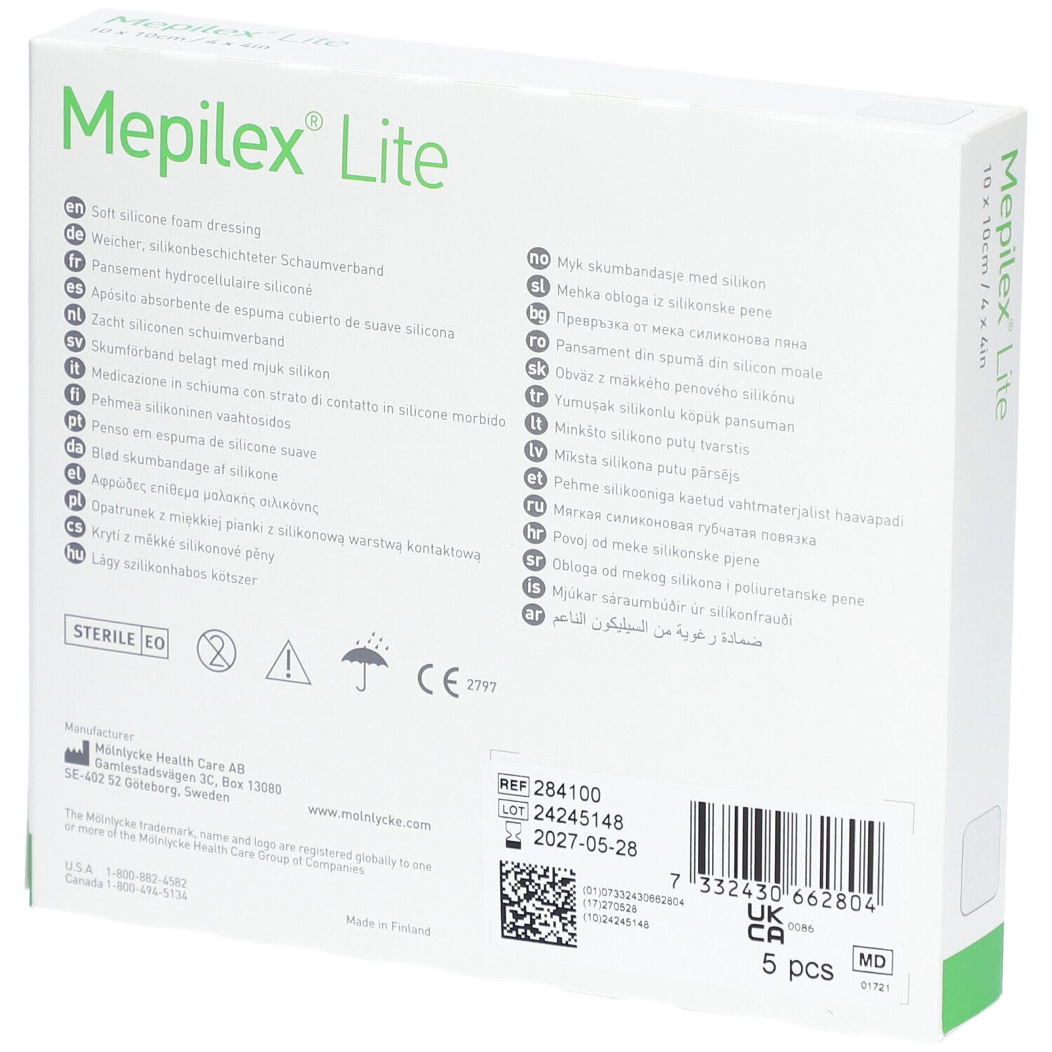 Dos de l'emballage Mepilex Lite. Texte en plusieurs langues. Informations sur le fabricant et le numéro de lot.