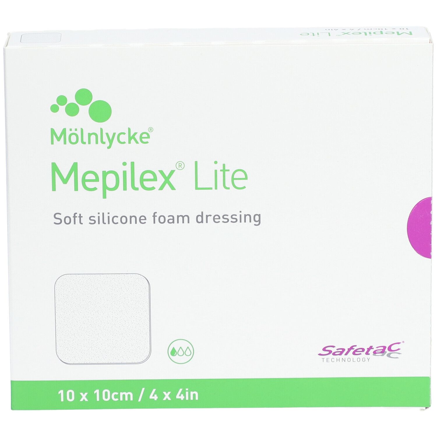 Emballage Mepilex Lite, 10 x 10 cm. Pansement blanc sur l'emballage. Emballage vert et blanc.