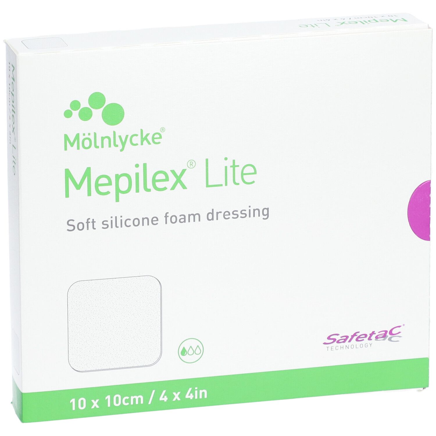 Emballage Mepilex Lite, 10 x 10 cm. Pansement blanc sur l'emballage. Emballage vert et blanc.