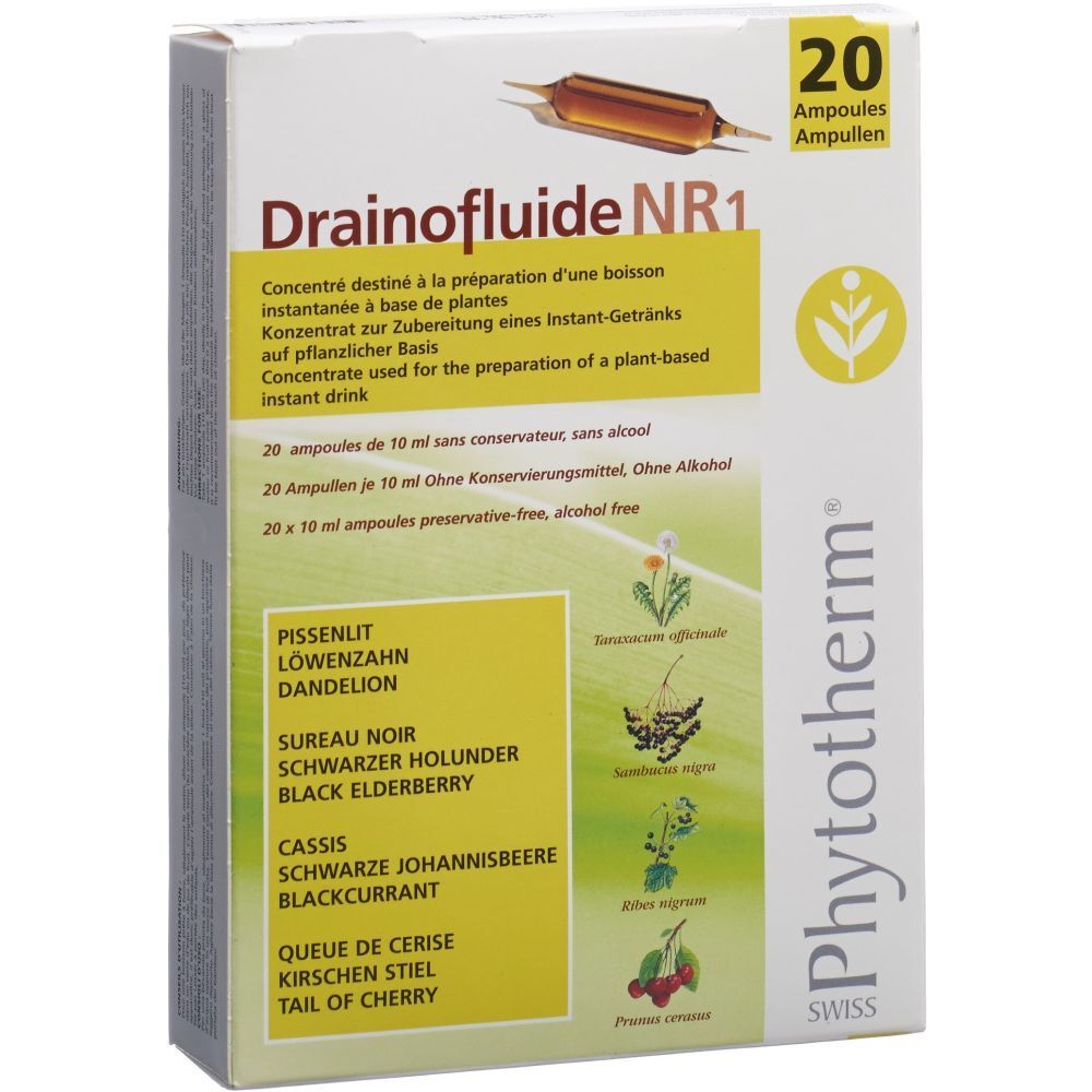 Boîte de 20 ampoules Drainofluid NR1. Nom du produit et logo Phytotherm. Contient des extraits de plantes.