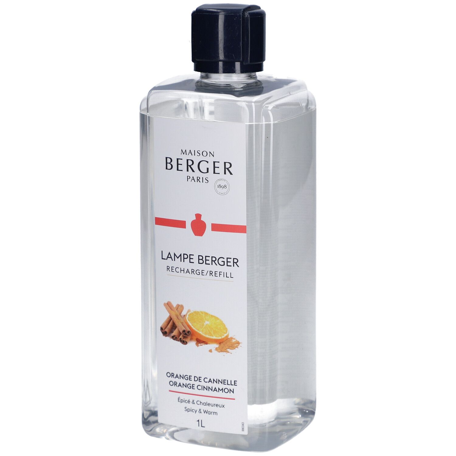Flacon recharge Lampe Berger, transparent, bouchon noir. Étiquette avec logo, nom du produit, Orange de Cannelle et illustrations d'orange et cannelle.