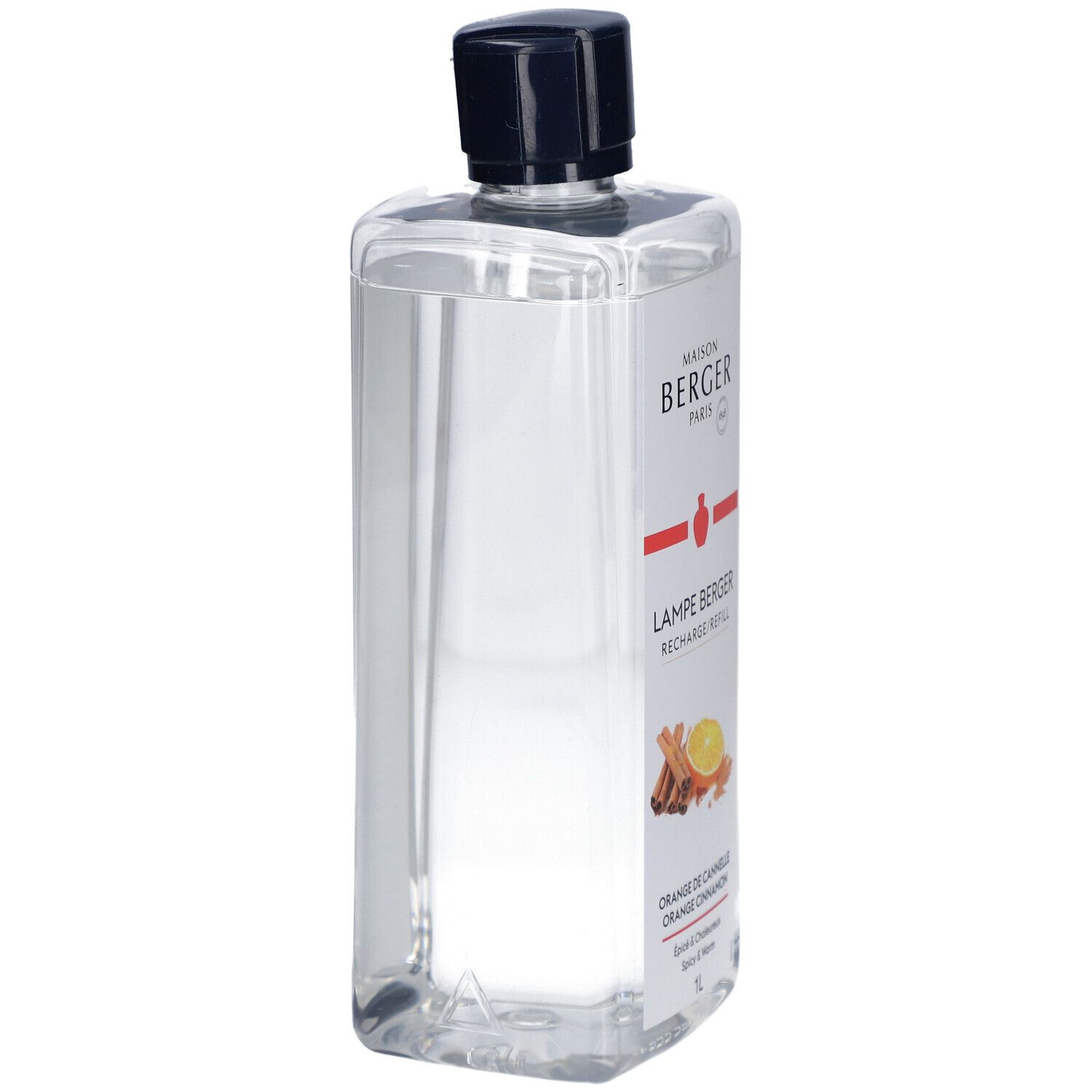 Flacon recharge Lampe Berger, transparent, bouchon noir. Étiquette avec logo, nom du produit, Orange de Cannelle et illustrations d'orange et cannelle.
