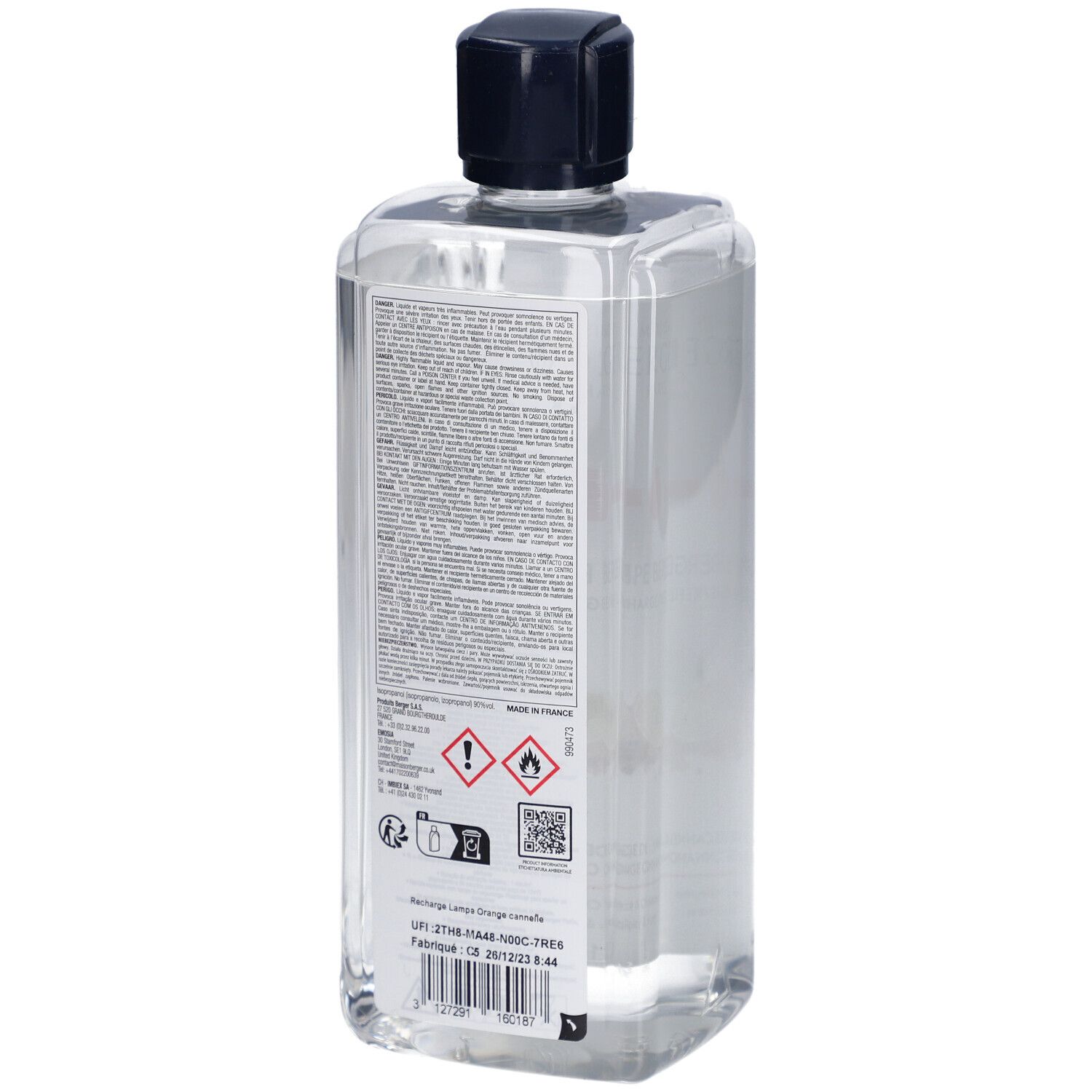 Dos du flacon recharge Lampe Berger. Étiquette texte avec informations, avertissements et code QR. Flacon transparent, forme carrée.