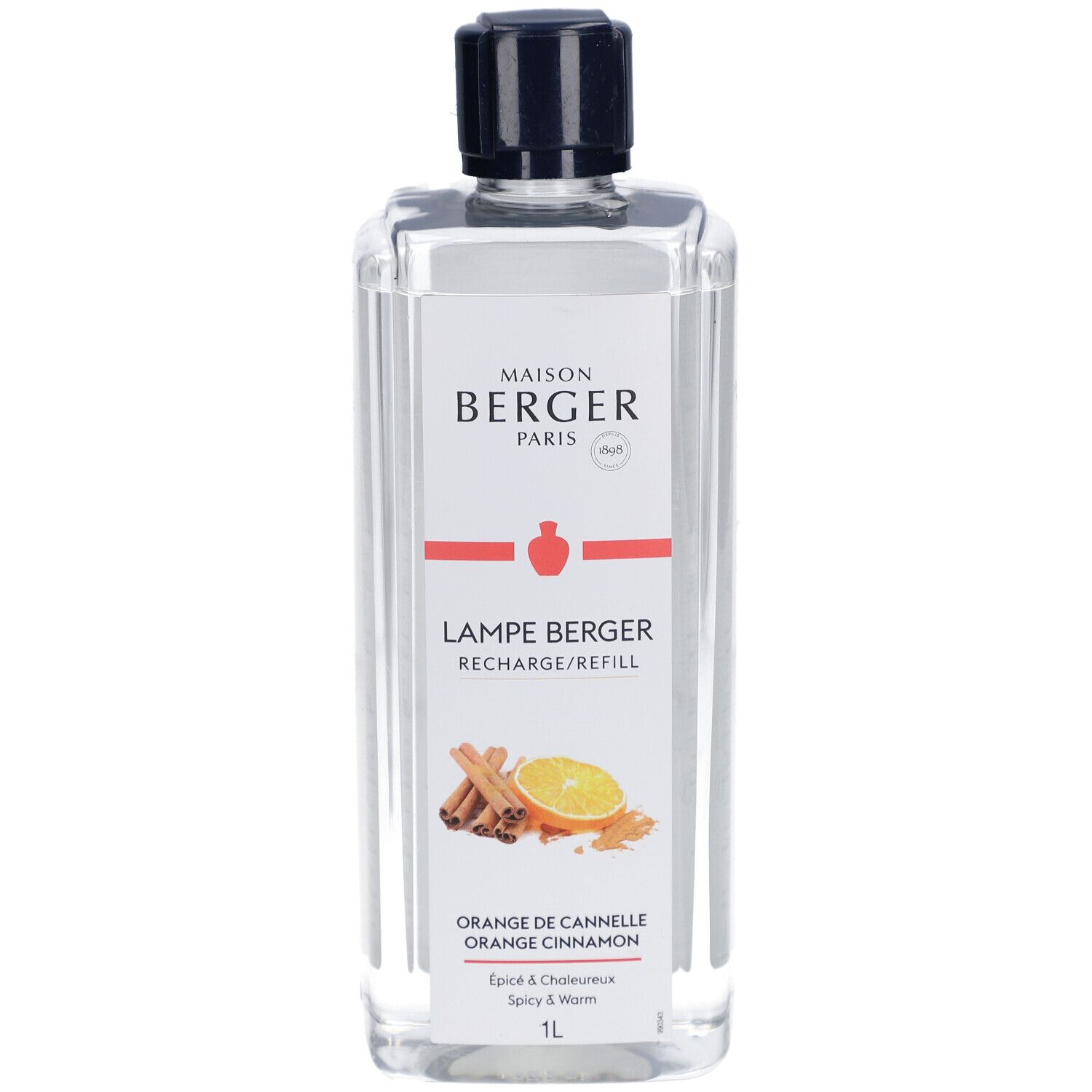 Flacon recharge Lampe Berger, transparent, bouchon noir. Étiquette avec logo, nom du produit, Orange de Cannelle et illustrations d'orange et cannelle.