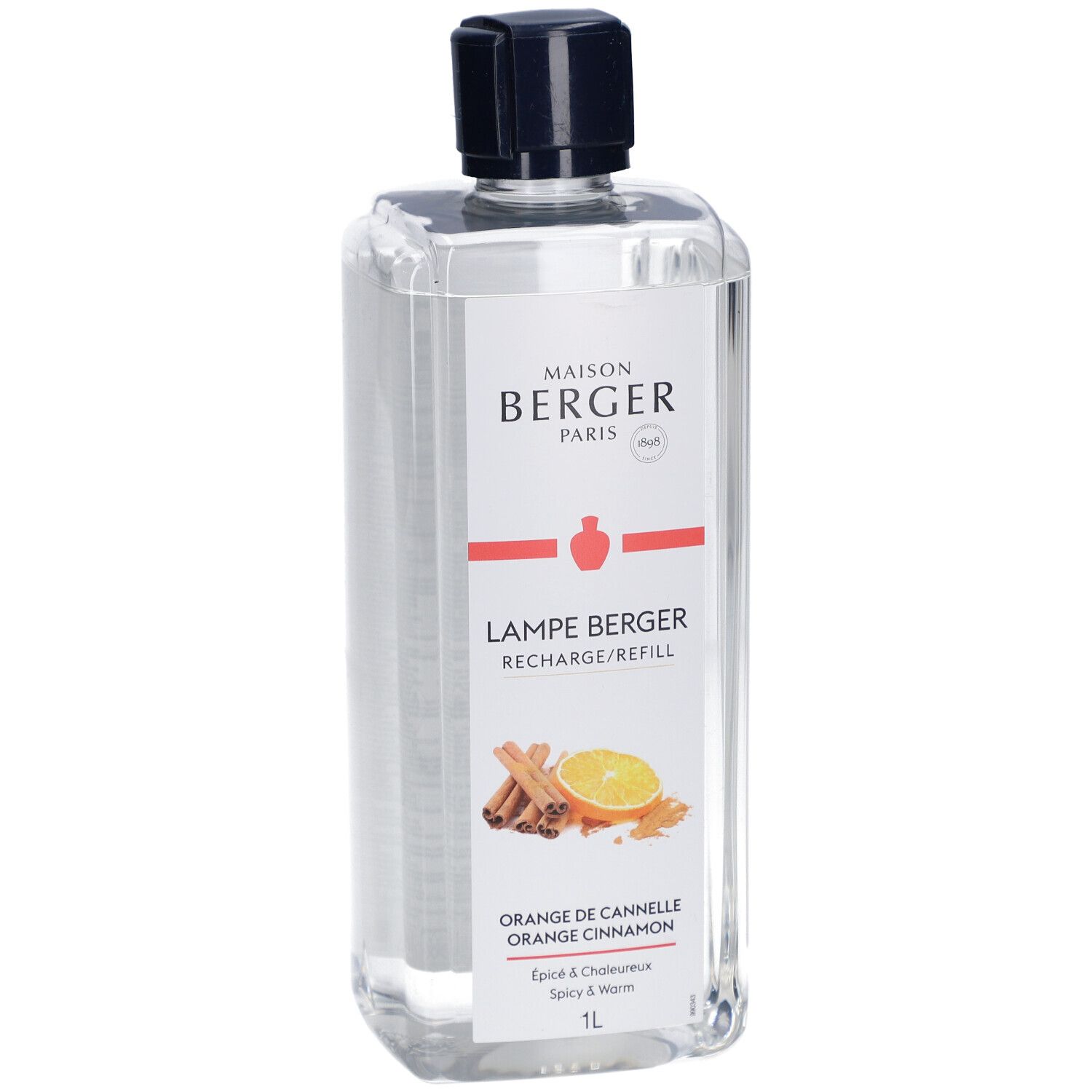 Flacon recharge Lampe Berger, transparent, bouchon noir. Étiquette avec logo, nom du produit, Orange de Cannelle et illustrations d'orange et cannelle.
