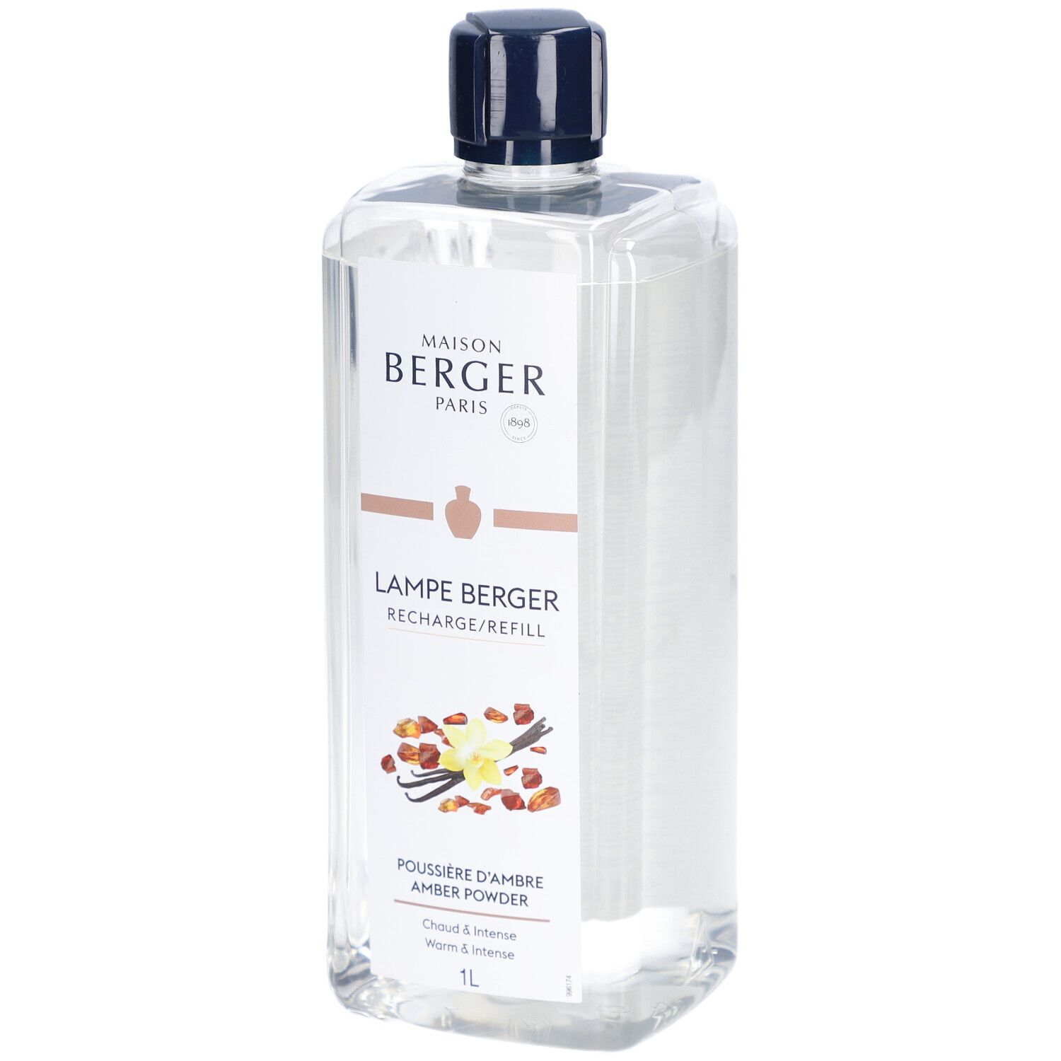 Flacon transparent avec bouchon bleu. Étiquette avec nom du produit, marque et ingrédients. 1L.