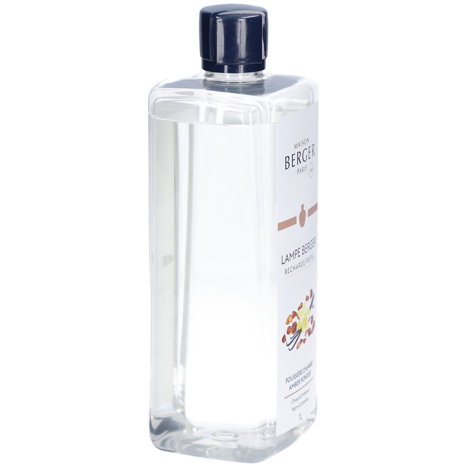 Flacon transparent avec bouchon bleu. Étiquette avec nom du produit, marque et ingrédients. 1L.