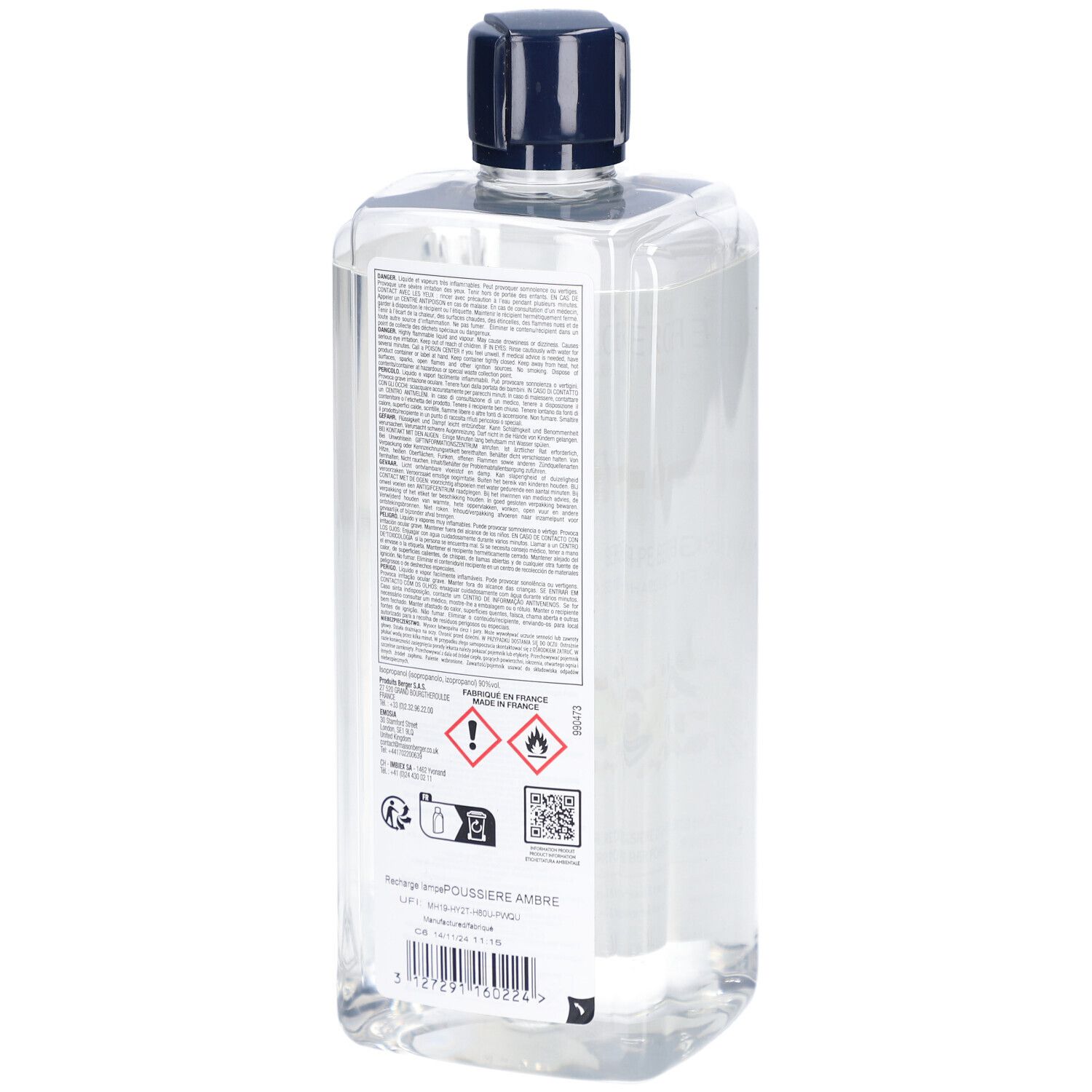 Dos d'un flacon transparent avec bouchon bleu. Étiquette avec texte et symboles. 1L.