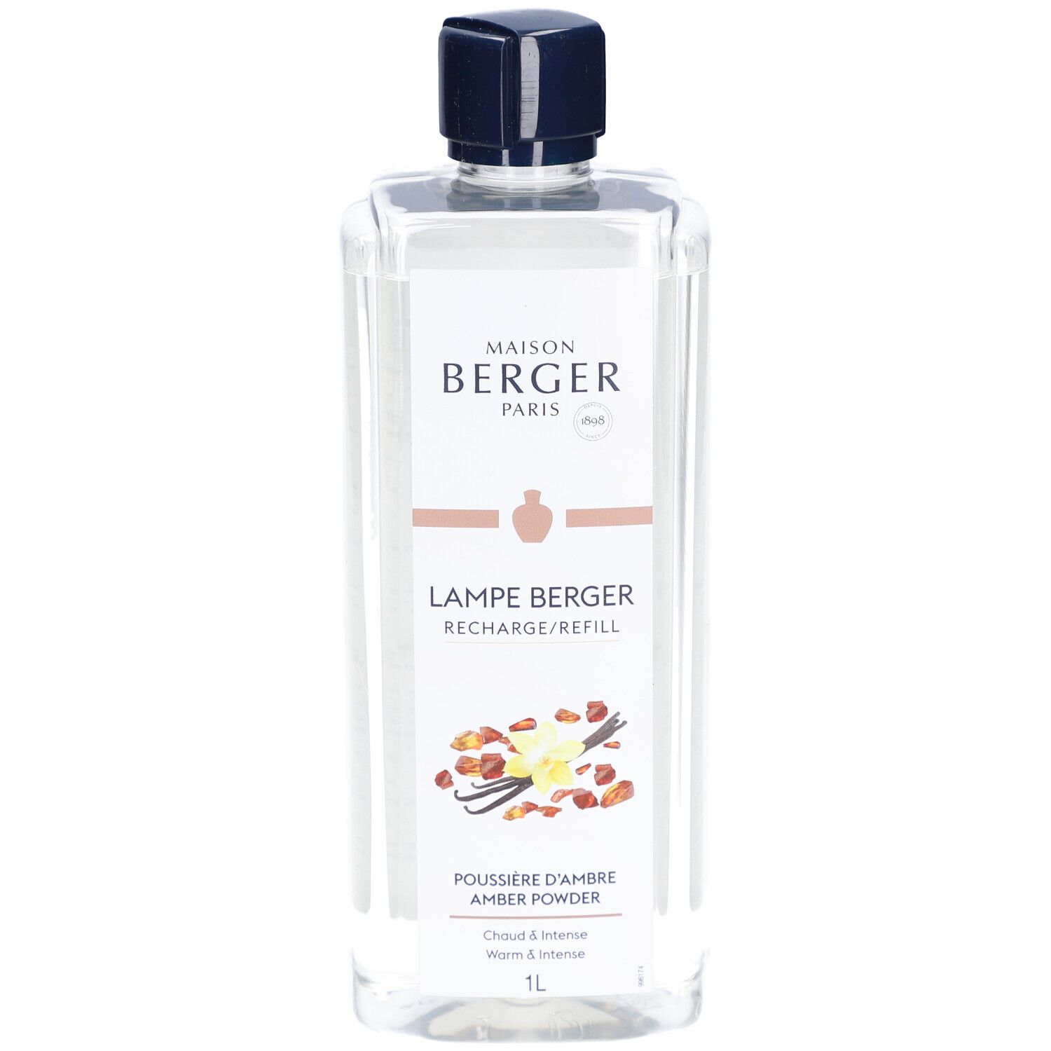 Flacon transparent avec bouchon bleu. Étiquette avec nom du produit, marque et ingrédients. 1L.