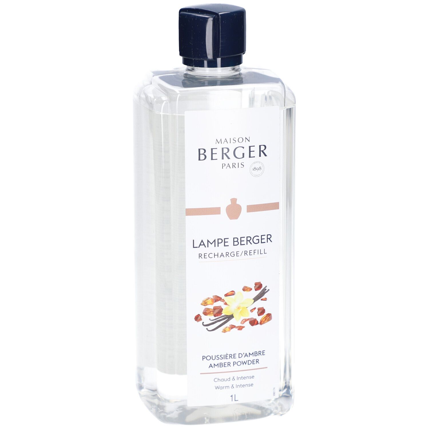 Flacon transparent avec bouchon bleu. Étiquette avec nom du produit, marque et ingrédients. 1L.