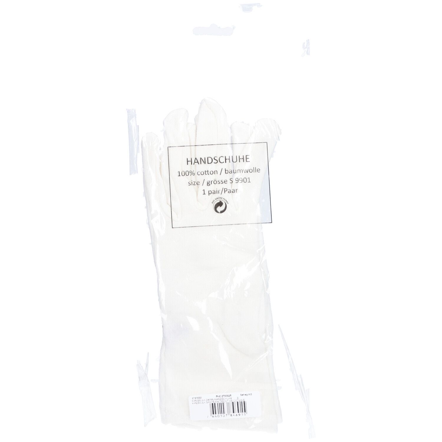Gants blancs dans un emballage plastique. Inscription : HANDSCHUHE, 100% coton, taille S 9/01, 1 paire.