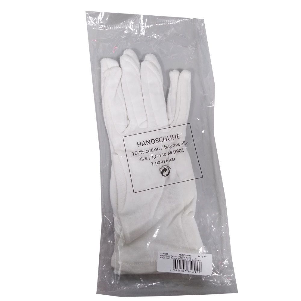 Gants blancs en coton dans un emballage plastique. Inscription: HANDSCHUHE, 100% coton, taille M, 1 paire.