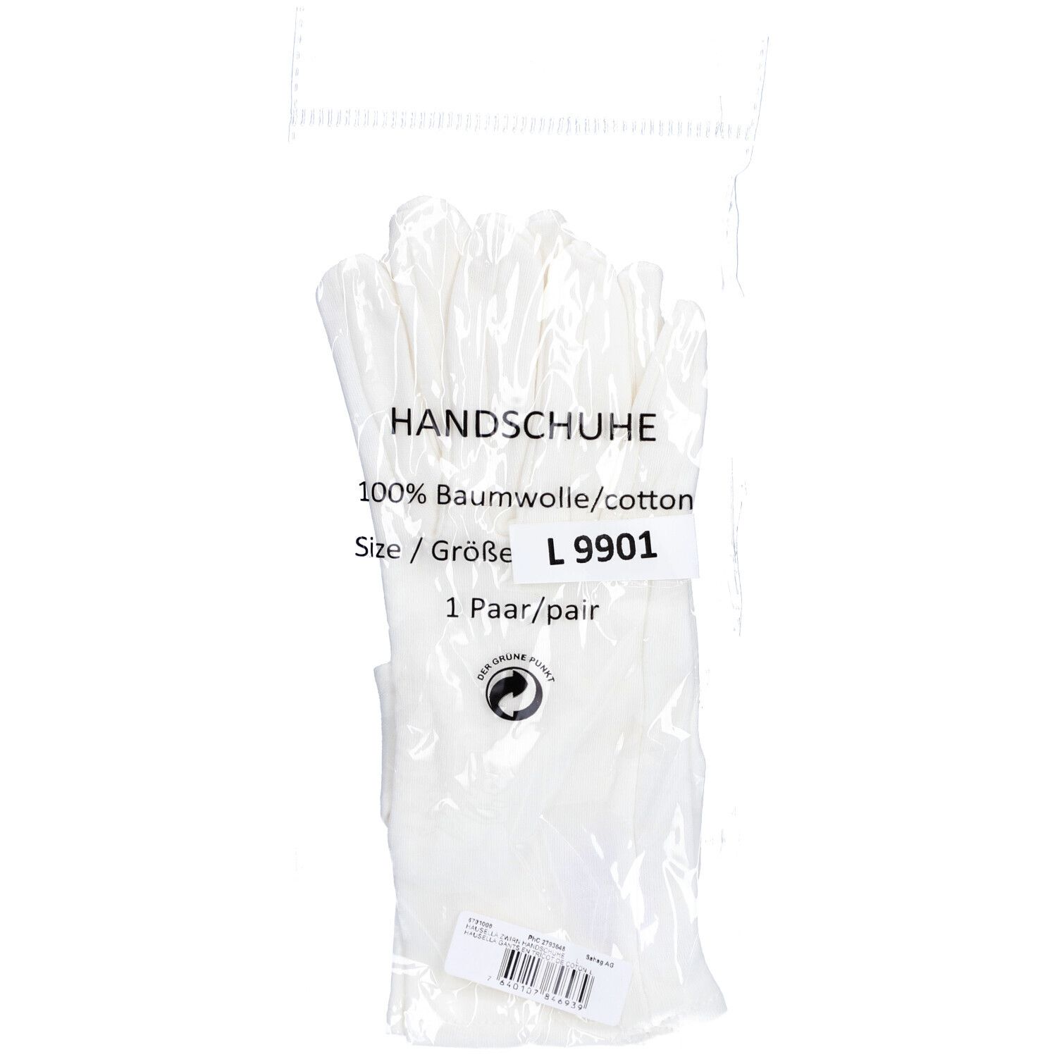 Gants blancs en coton dans un emballage plastique. Inscription: HANDSCHUHE, 100% coton, taille L 9901, 1 paire.