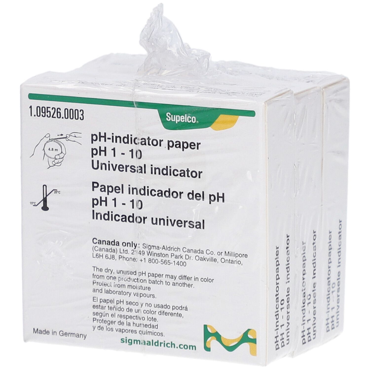 Emballage de papier indicateur de pH 1-10. Marque Supelco. Plusieurs boîtes emballées dans du plastique.