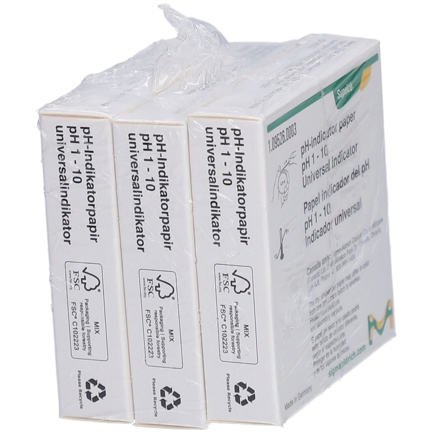 Trois boîtes de papier indicateur de pH 1-10, emballées. Marque Supelco. Certification FSC.