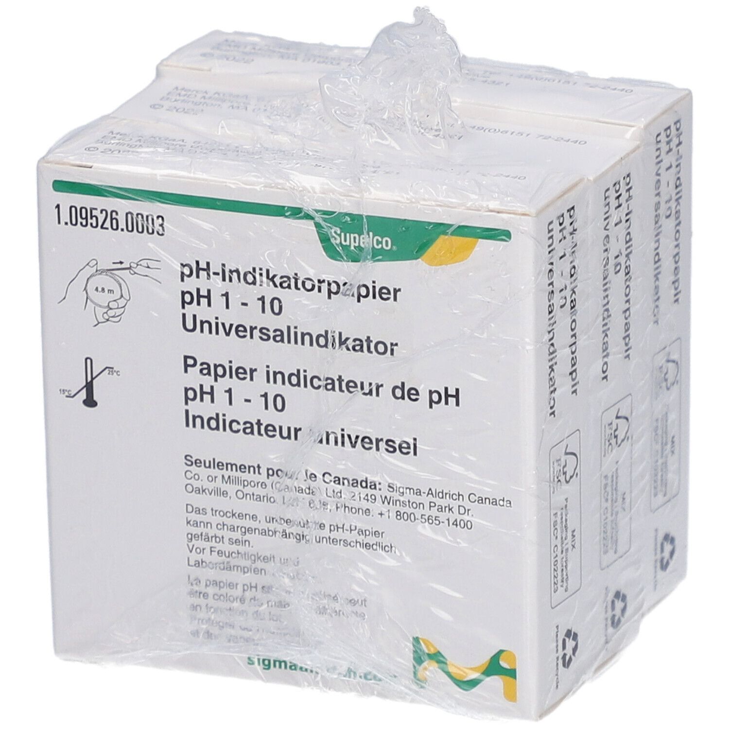 Emballage de papier indicateur de pH 1-10. Marque Supelco. Plusieurs boîtes emballées dans du plastique.