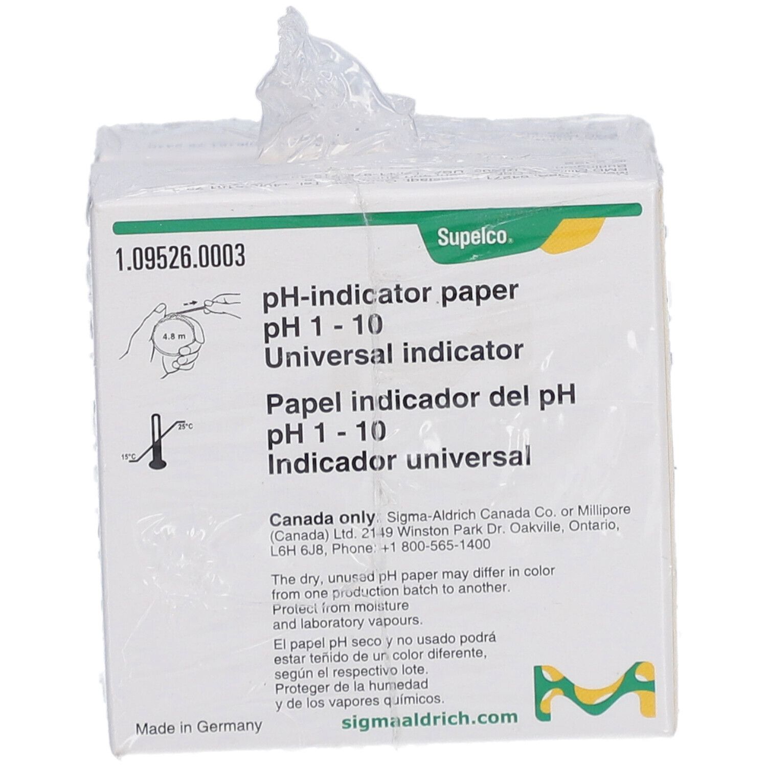 Emballage de papier indicateur de pH 1-10. Marque Supelco. Plusieurs boîtes emballées dans du plastique.