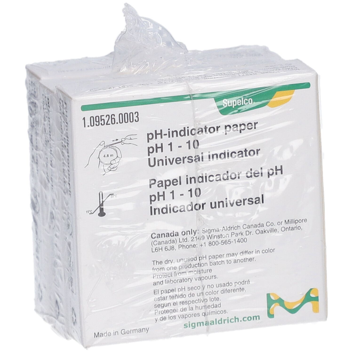 Emballage de papier indicateur de pH 1-10. Marque Supelco. Plusieurs boîtes emballées dans du plastique.