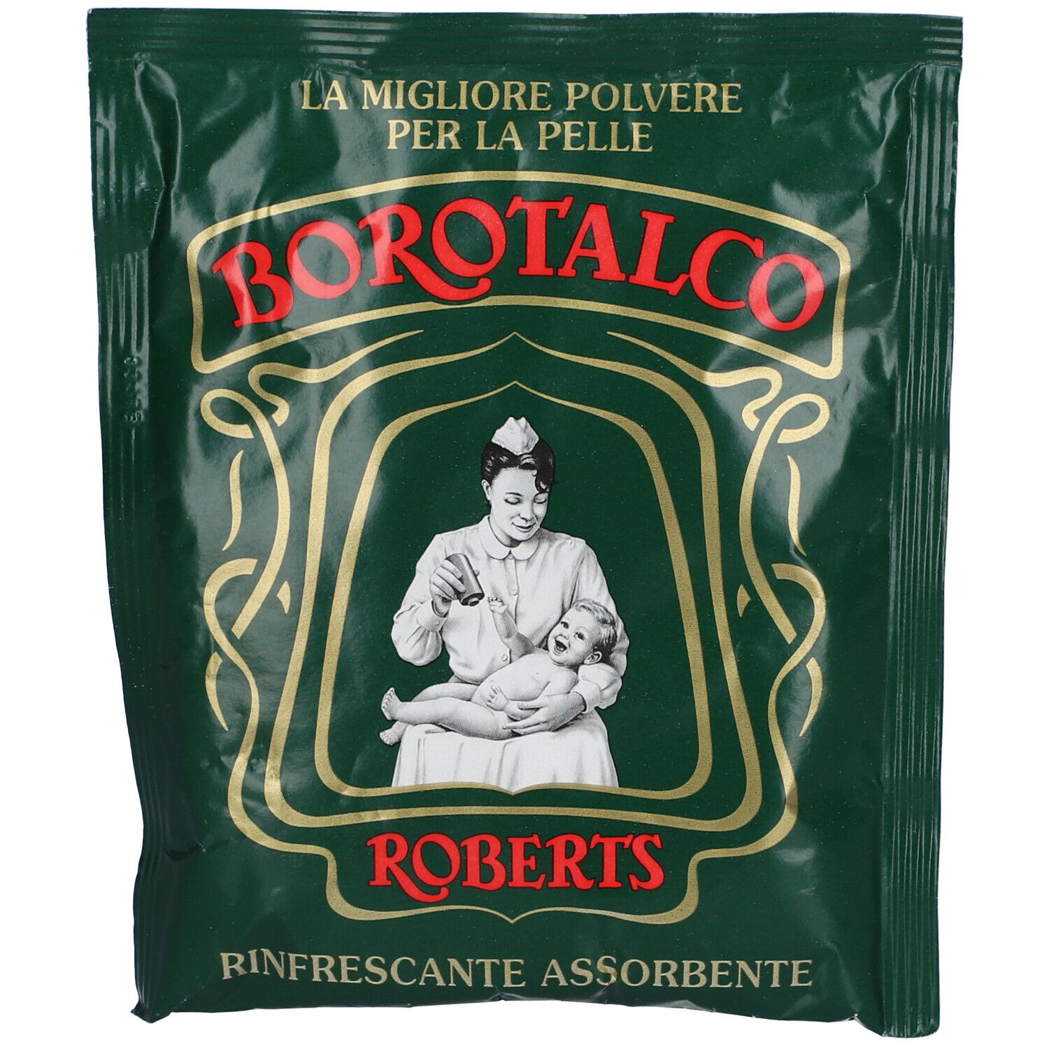 Sachet vert avec logo Borotalco et image d'une infirmière soignant un bébé. Texte: Rinfrascante Assorbente.