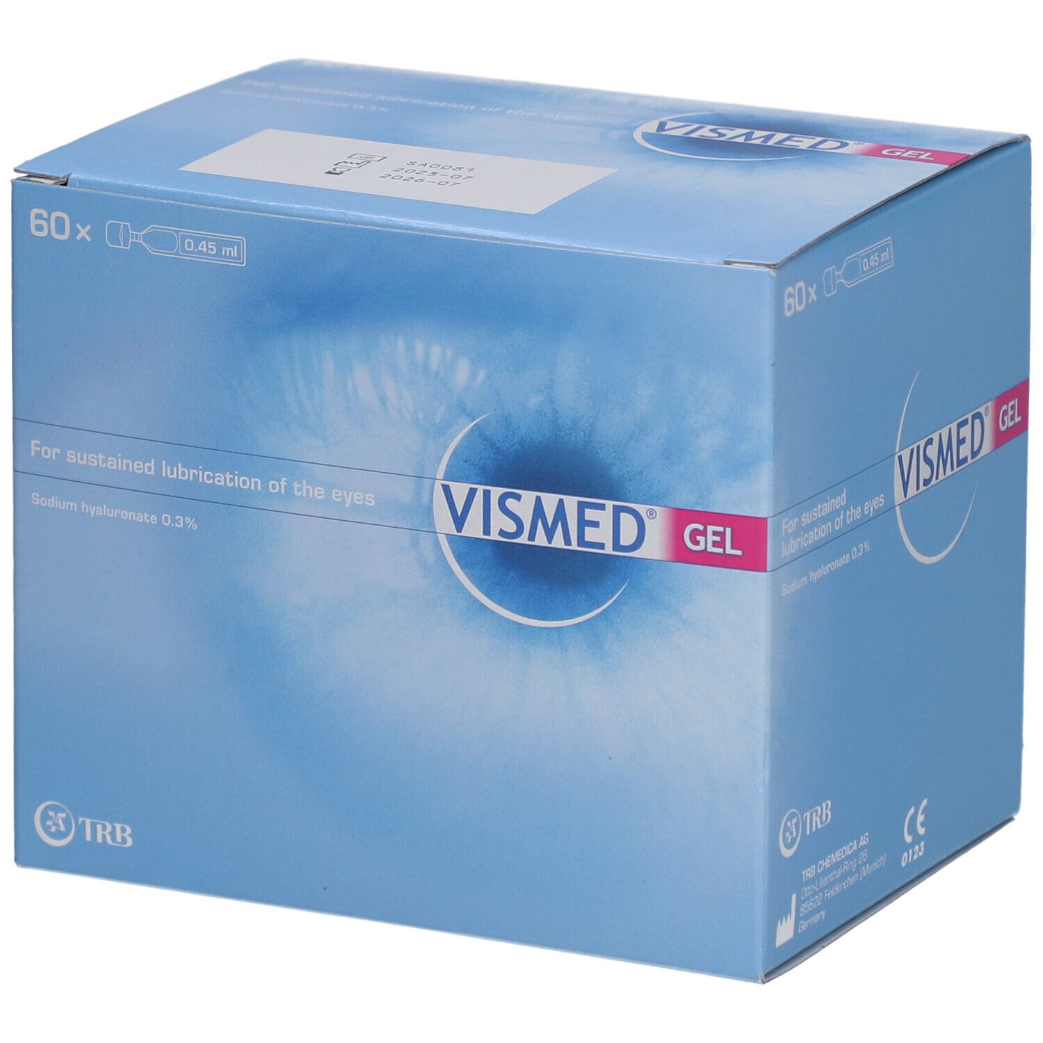 Boîte en carton bleu et blanc avec logo VISMED GEL. Contient 60 doses individuelles. Texte: For sustained lubrication of the eyes.