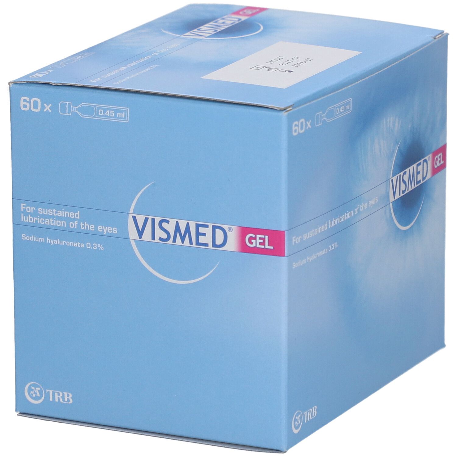 Emballage en carton avec logo VISMED GEL. Contient 60 doses individuelles. Texte: For sustained lubrication of the eyes. Fond bleu.