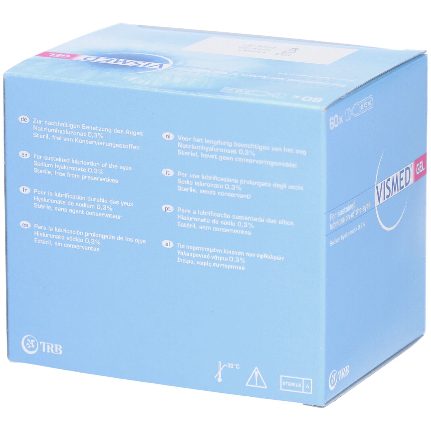 Dos de l'emballage en carton avec texte multilingue. Logo VISMED GEL. Contient 60 doses individuelles. Fond bleu.