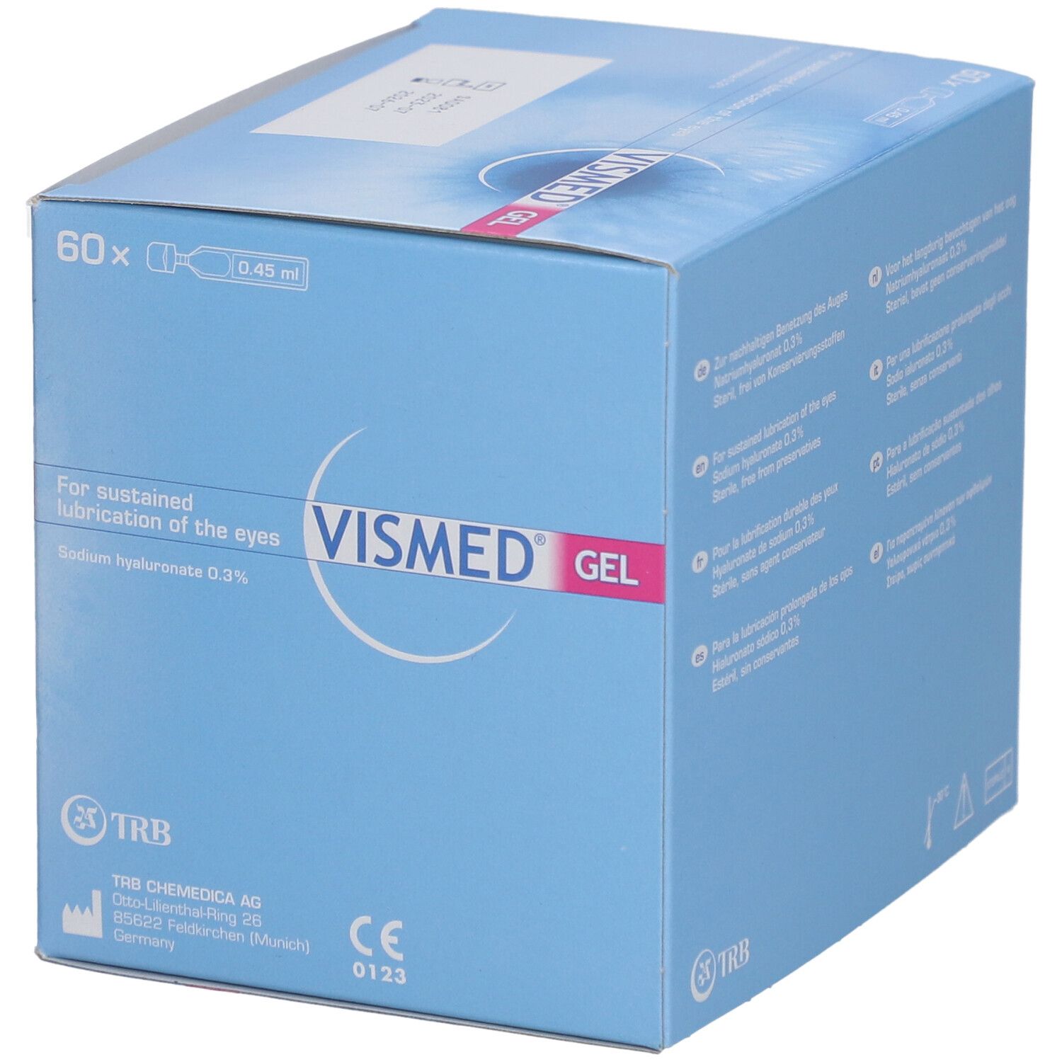 Emballage en carton avec logo VISMED GEL. Contient 60 doses individuelles. Texte: For sustained lubrication of the eyes. Fond bleu.
