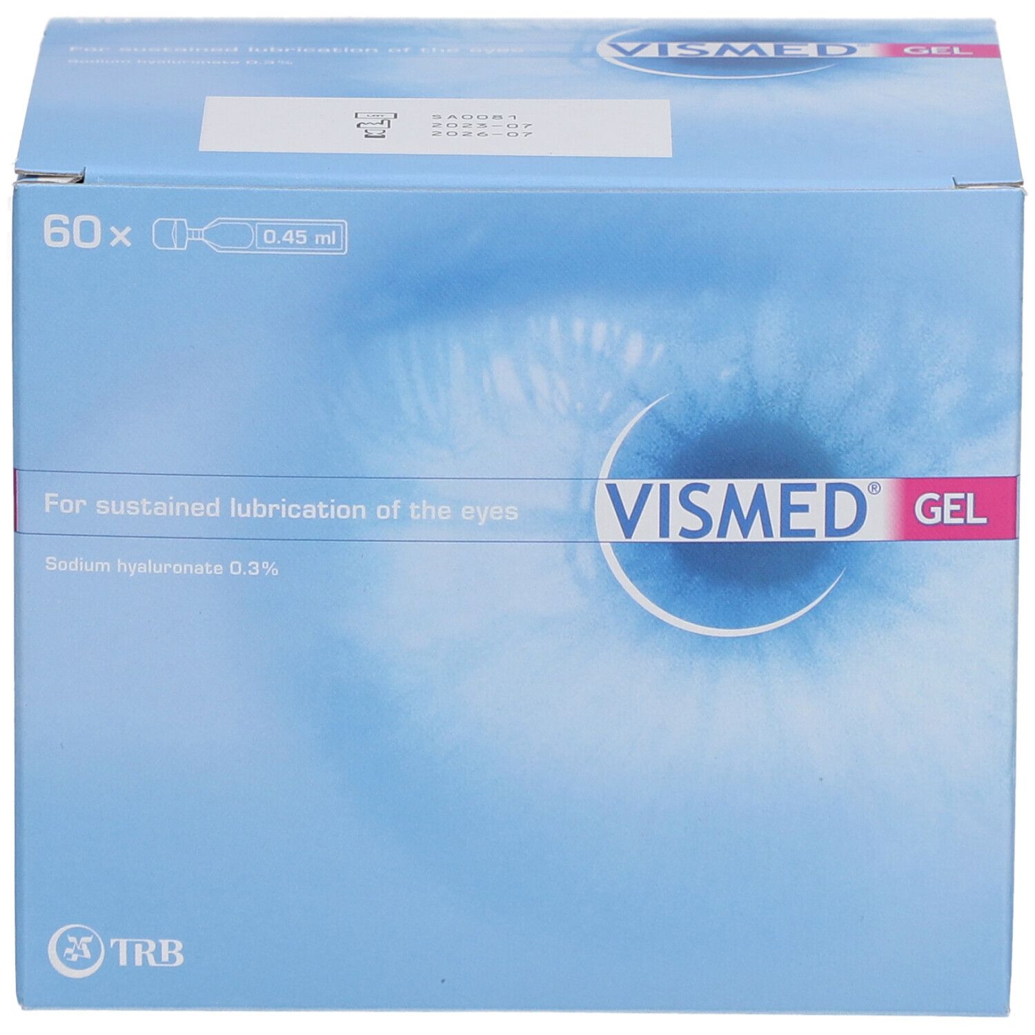Emballage en carton avec logo VISMED GEL. Contient 60 doses individuelles. Texte: For sustained lubrication of the eyes. Fond bleu.