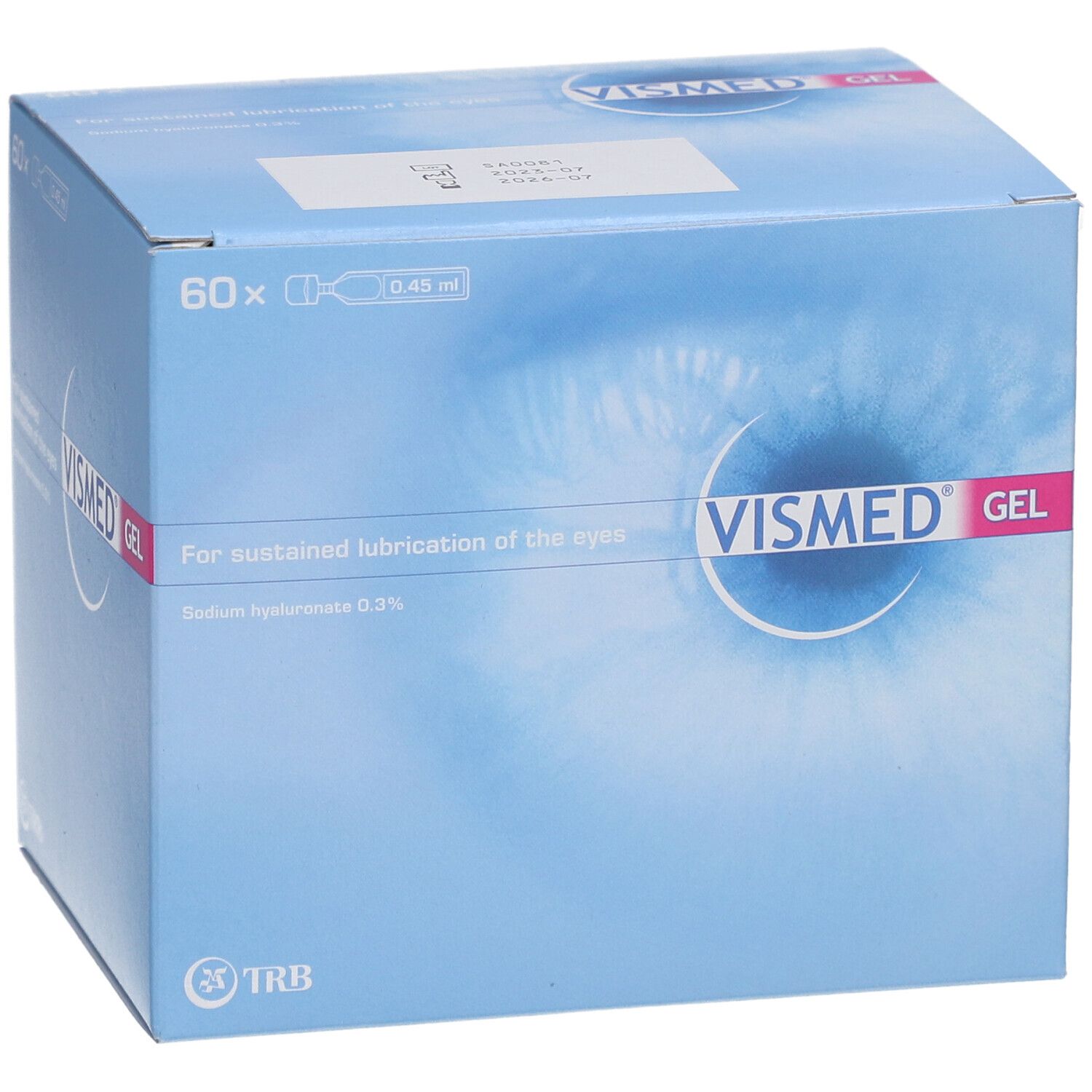 Emballage en carton avec logo VISMED GEL. Contient 60 doses individuelles. Texte: For sustained lubrication of the eyes. Fond bleu.